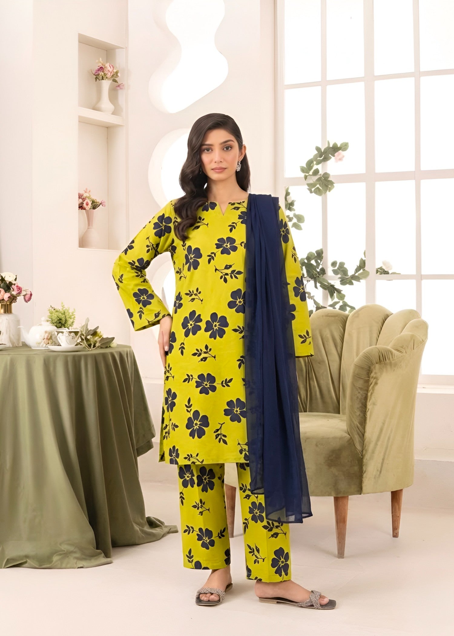 linen Kurta Set in Yellow green