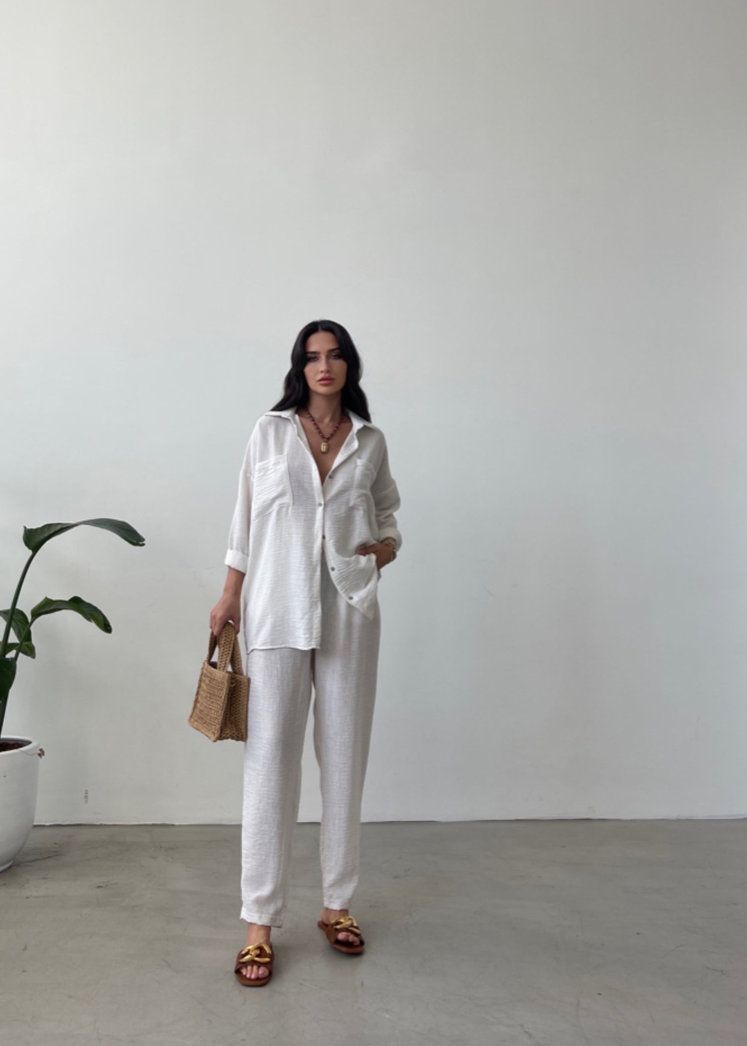 blended linen Co Ord Sets in Ghost white