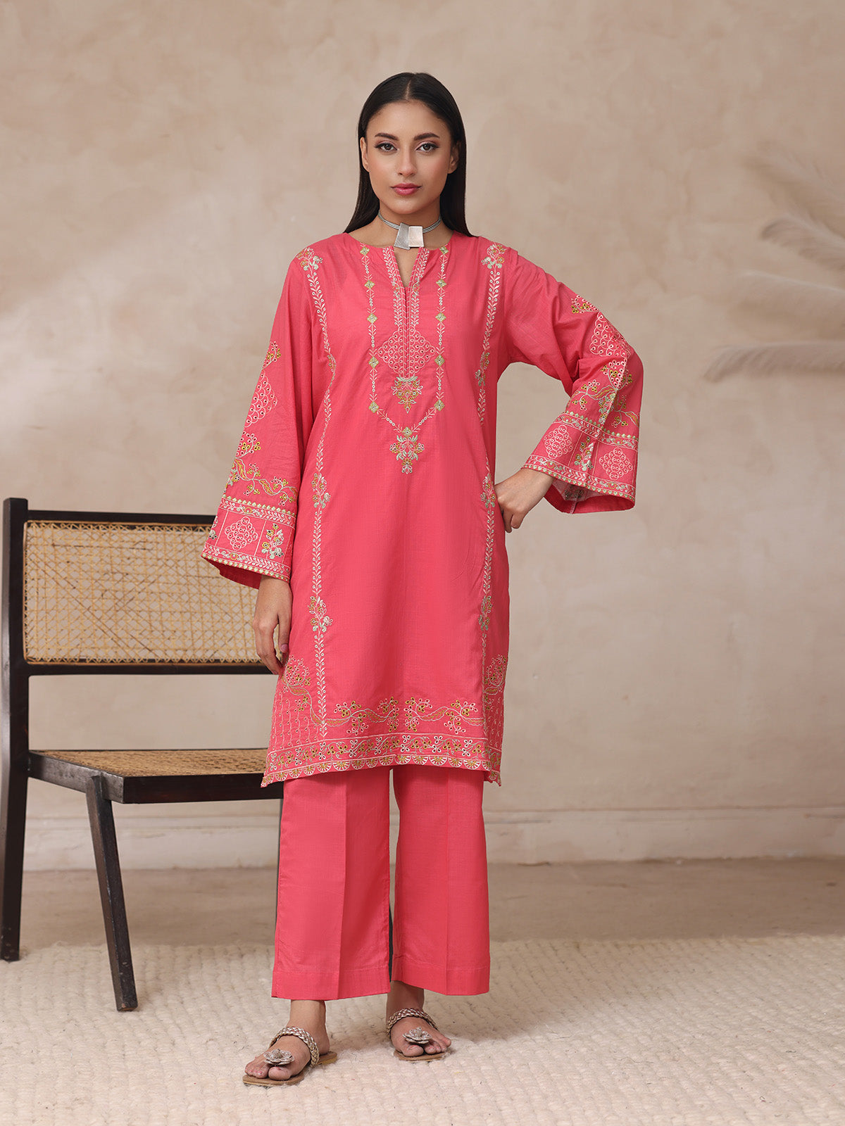 injected slub Kurta Set in Tomato red