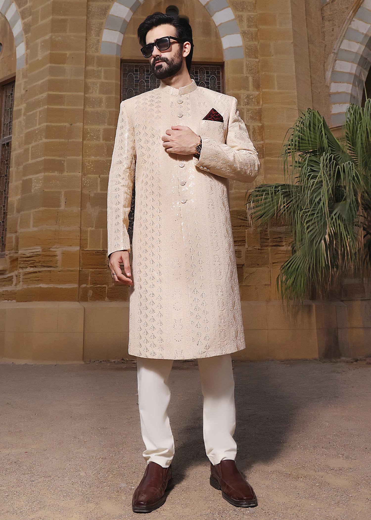 raw silk Sherwani in Beige