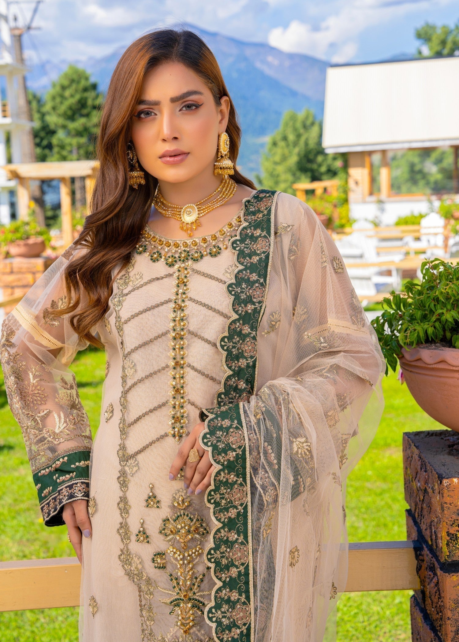 net Kurta Set in Tan brown