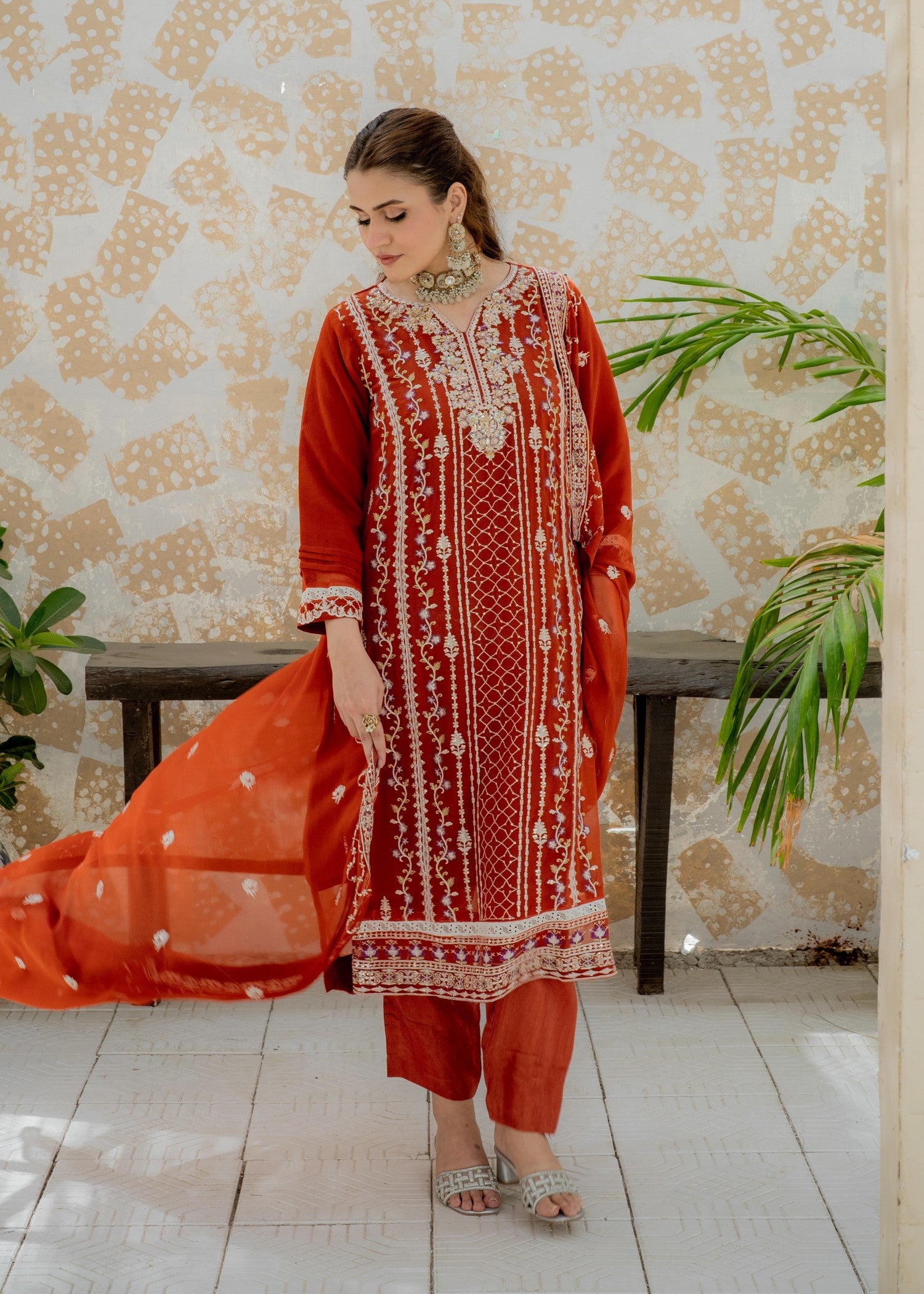 chiffon Kurta Set in Tangerine