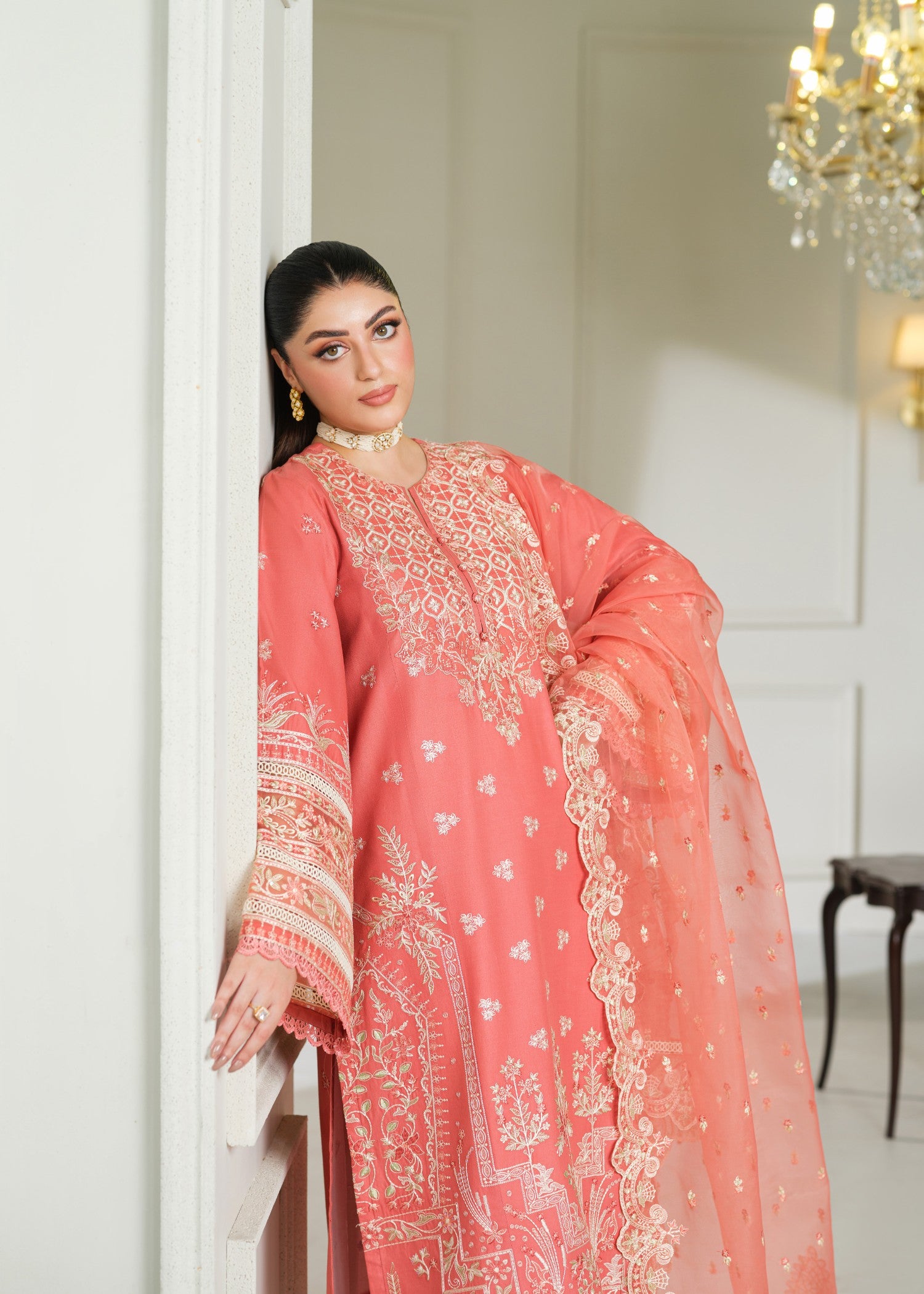 cambric cotton Kurta Set in Orange