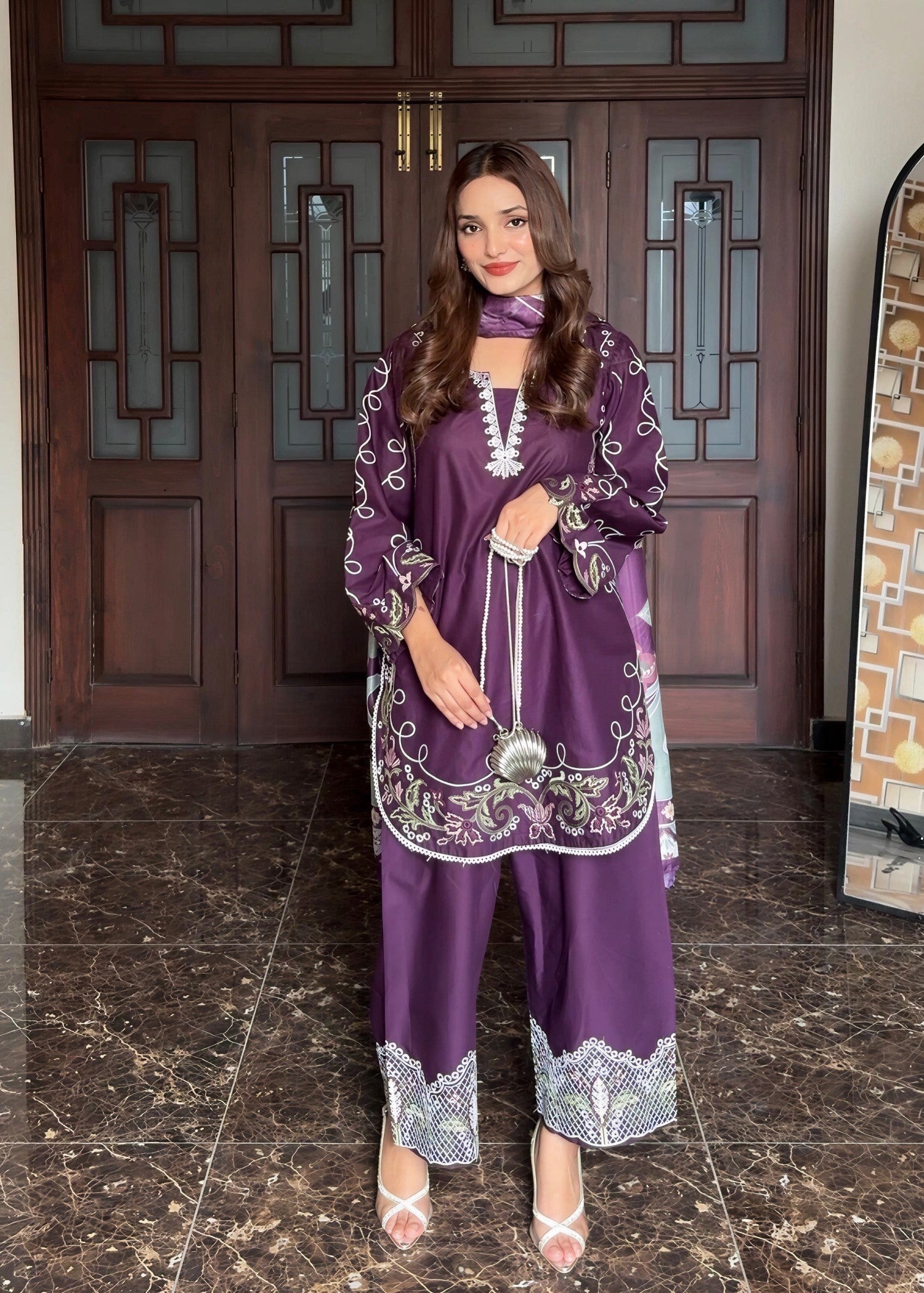 lawn cotton Kurta Set in Purple rain