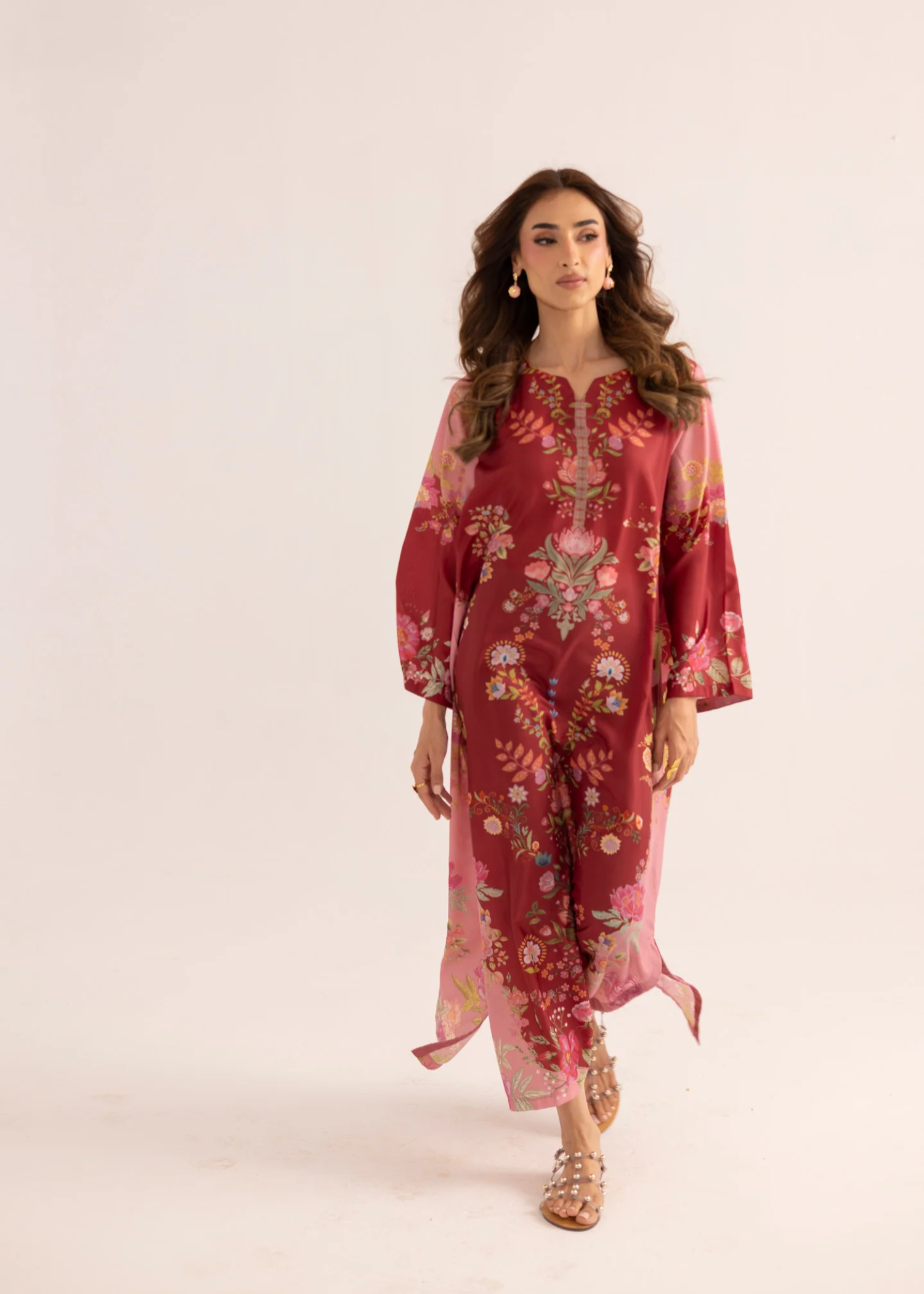 silk finish lawn Kaftan in Blood red