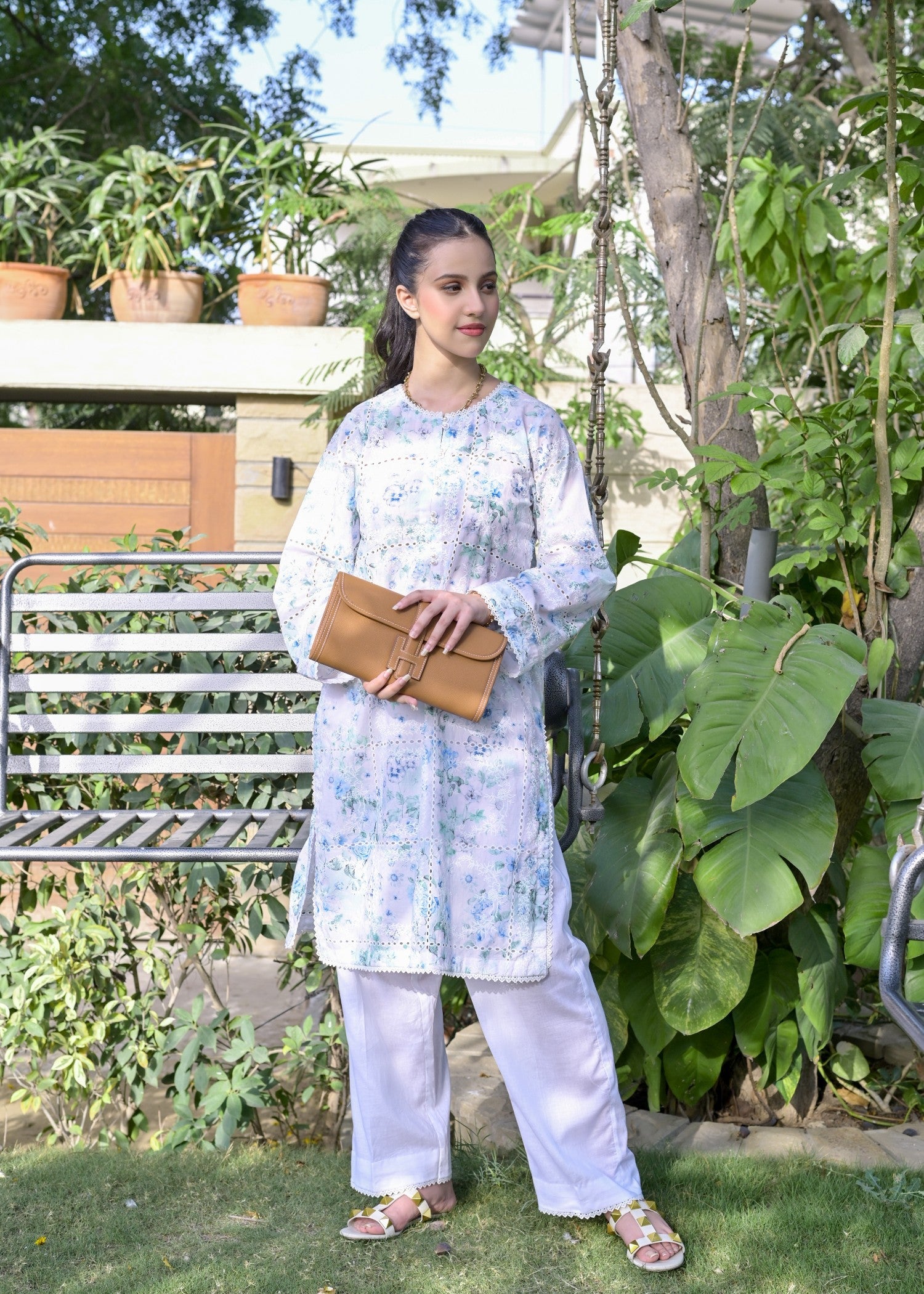 chikankari cotton Kurta Set in Floral white