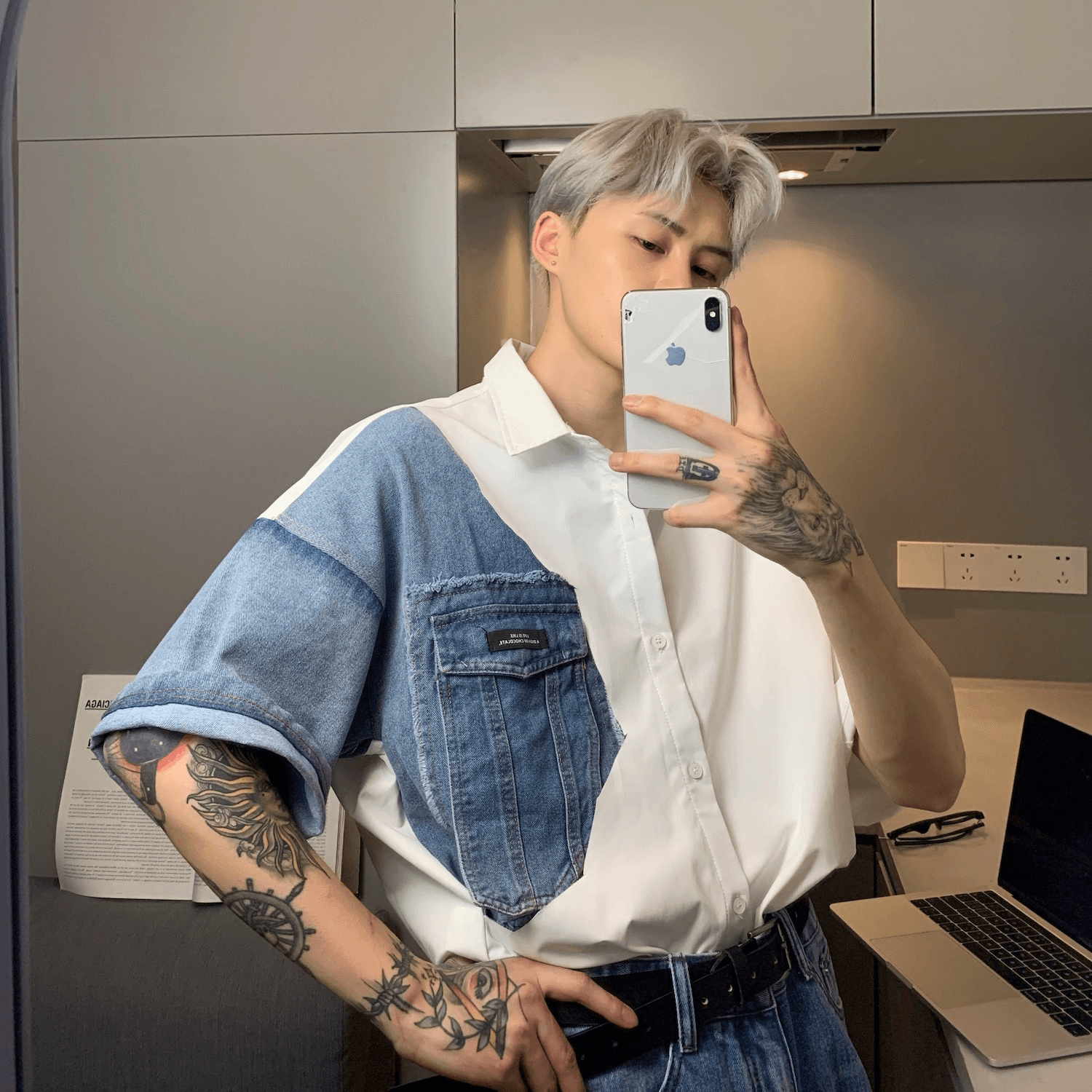 White Denim Shirt with Square Neck and Short Sleeves