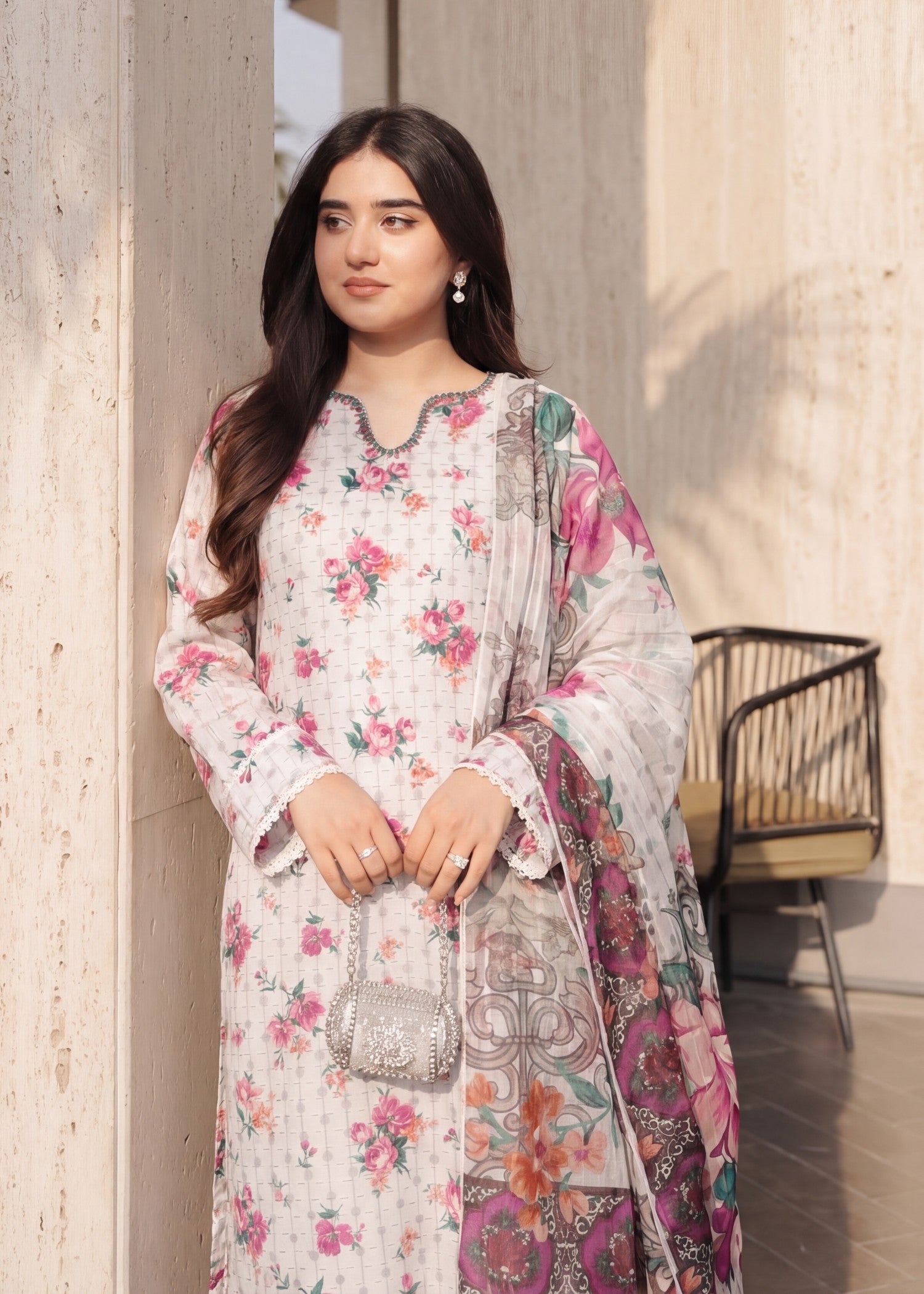 textured lawn Kurta Set in Ivory