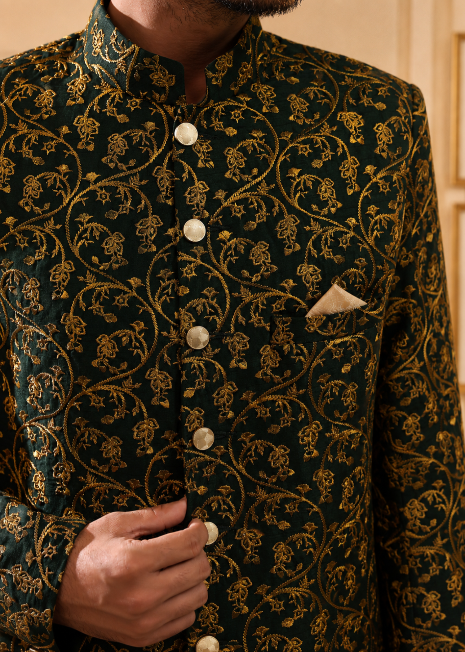 jamawar Sherwani in Dark green