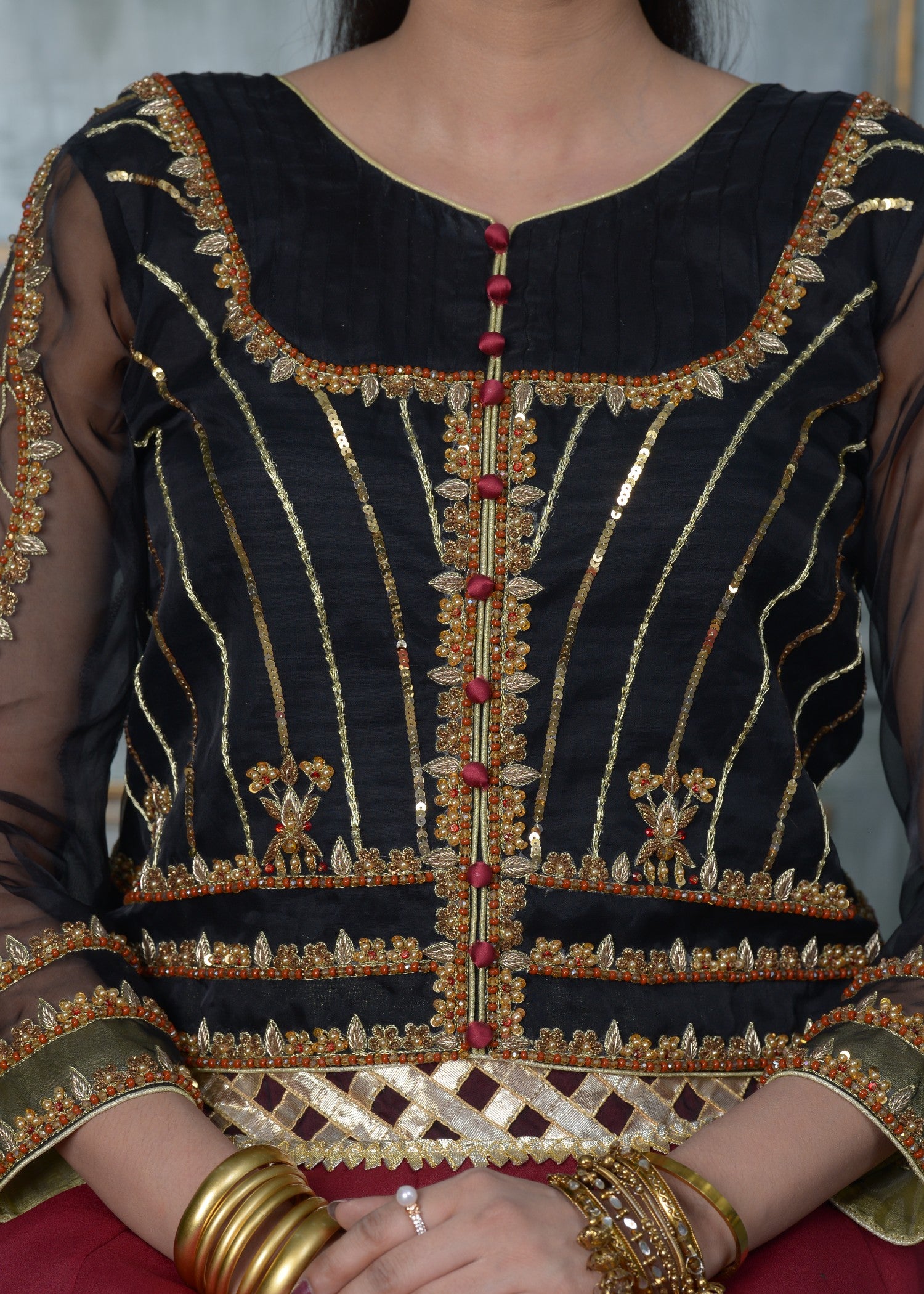 organza Lehenga in Black, maroon