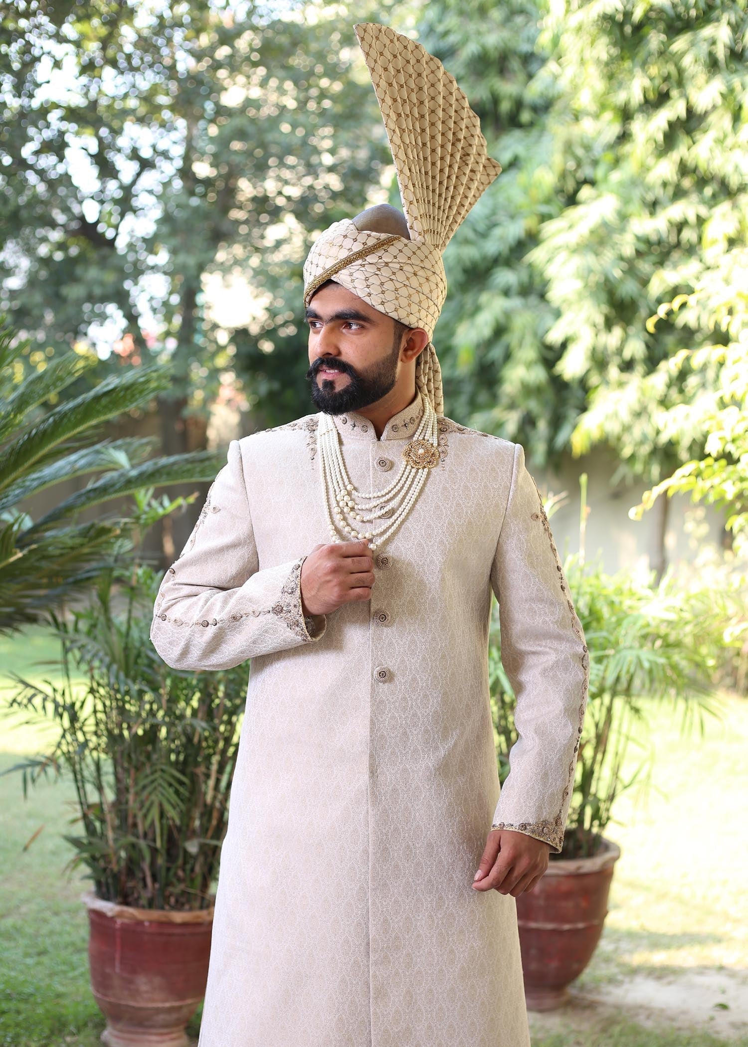jamawar Sherwani in Cream