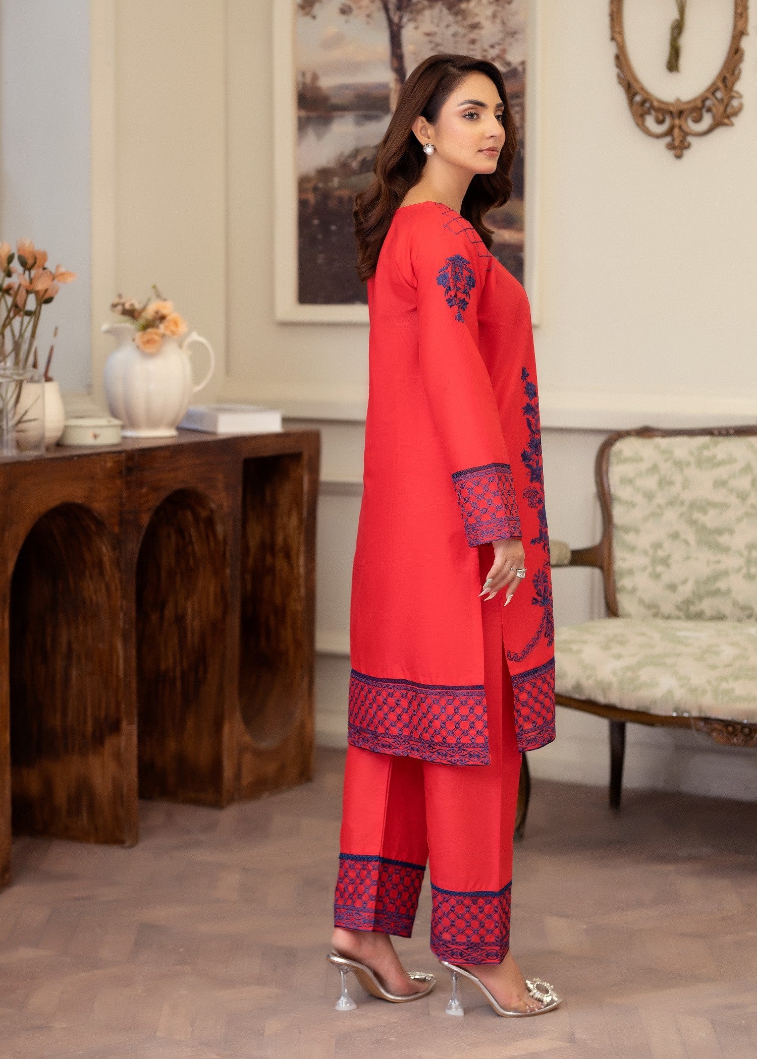 lawn Kurta Set in Rust red