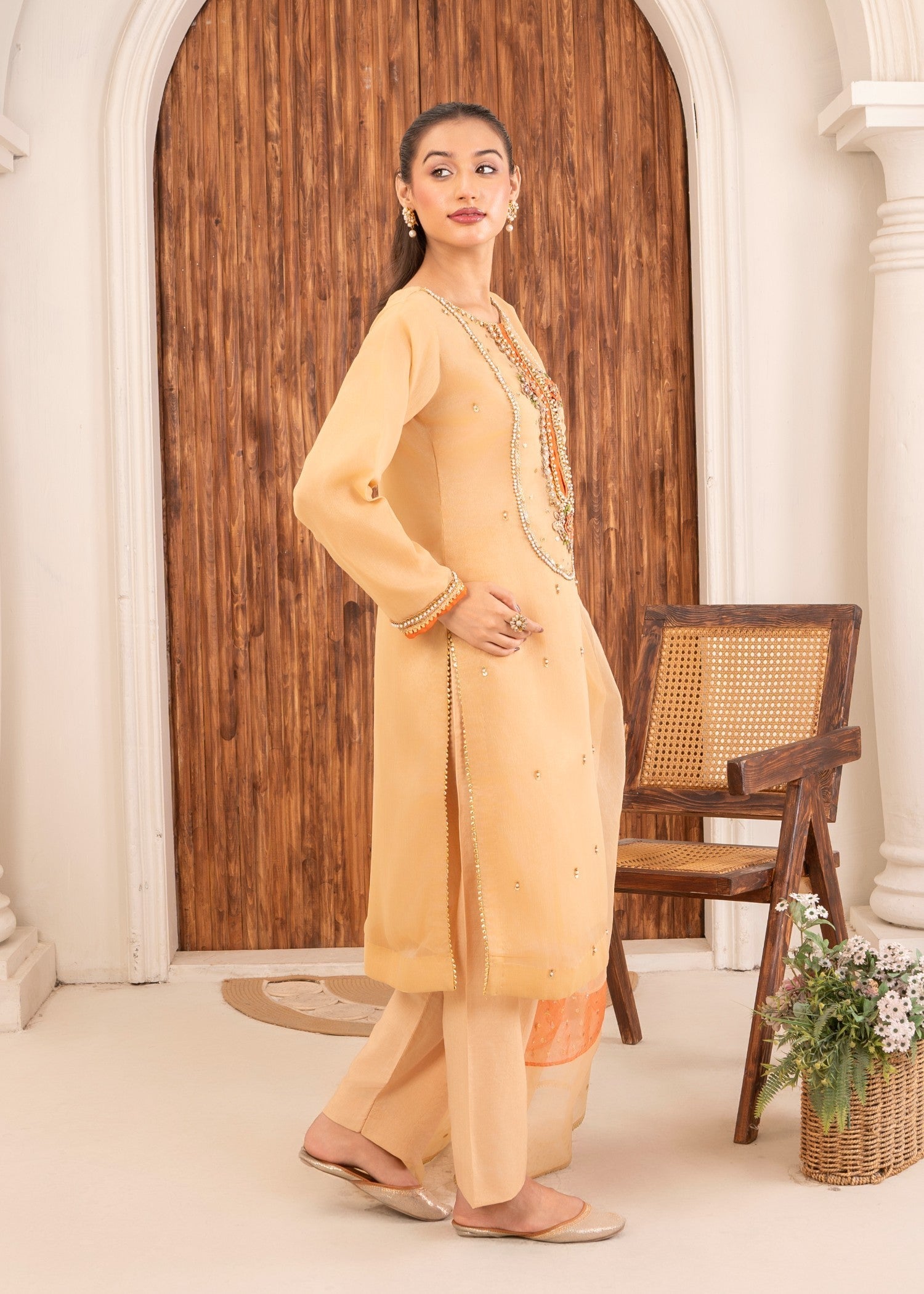 chiffon Kurta Set in Apricot orange