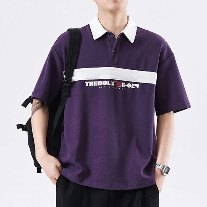 Vintage Stripe Stitching Contrast Color Loose Fashion Brand Lapel T-shirt