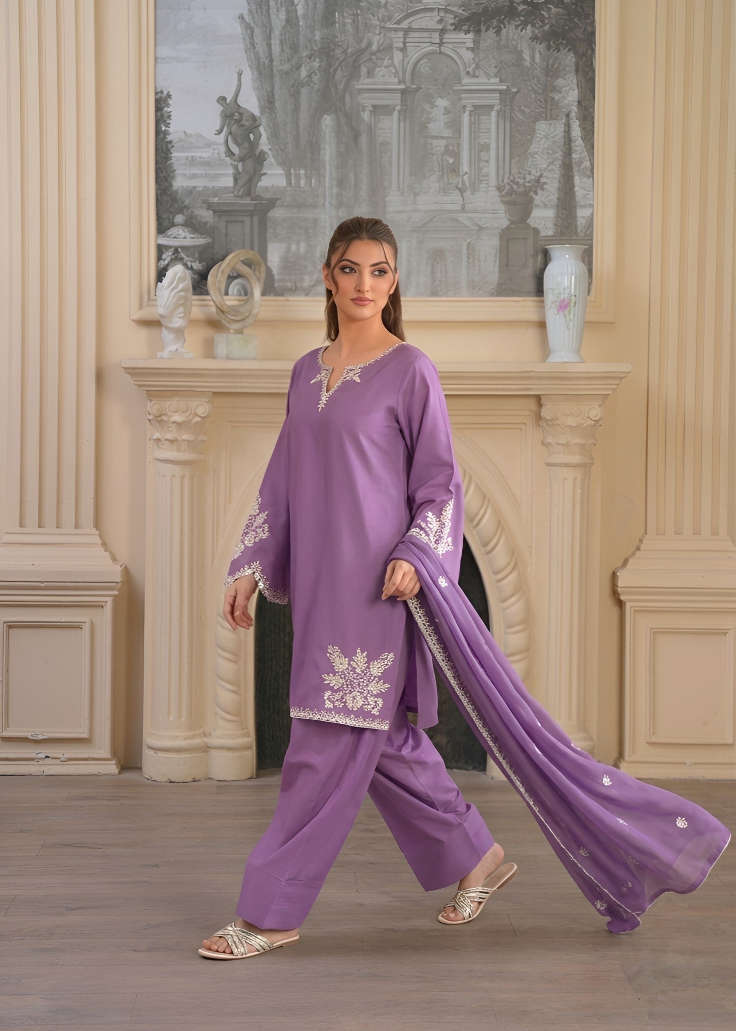 cambric Kurta Set in Purple ash