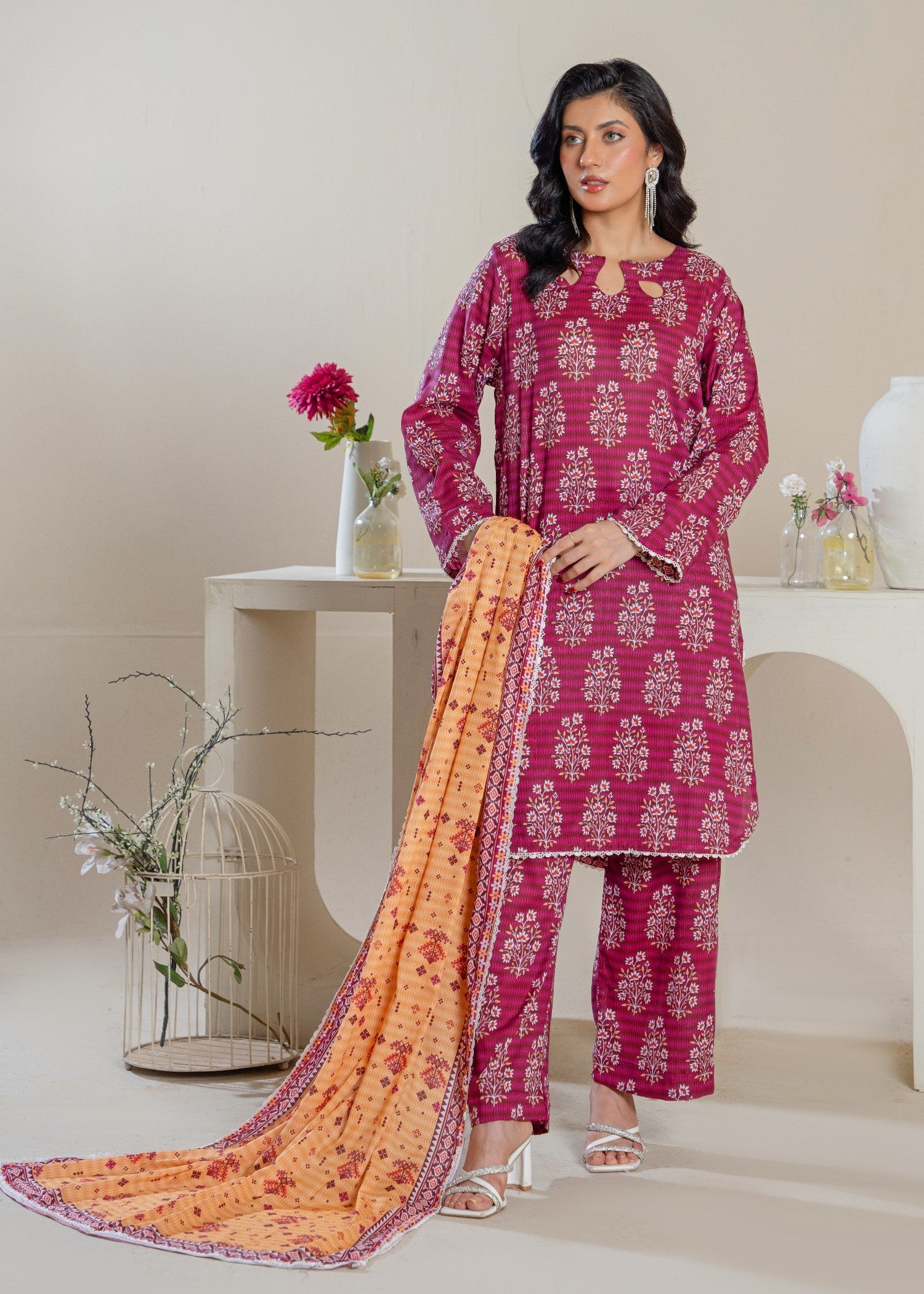 cotton Kurta Set in Raspberry pink