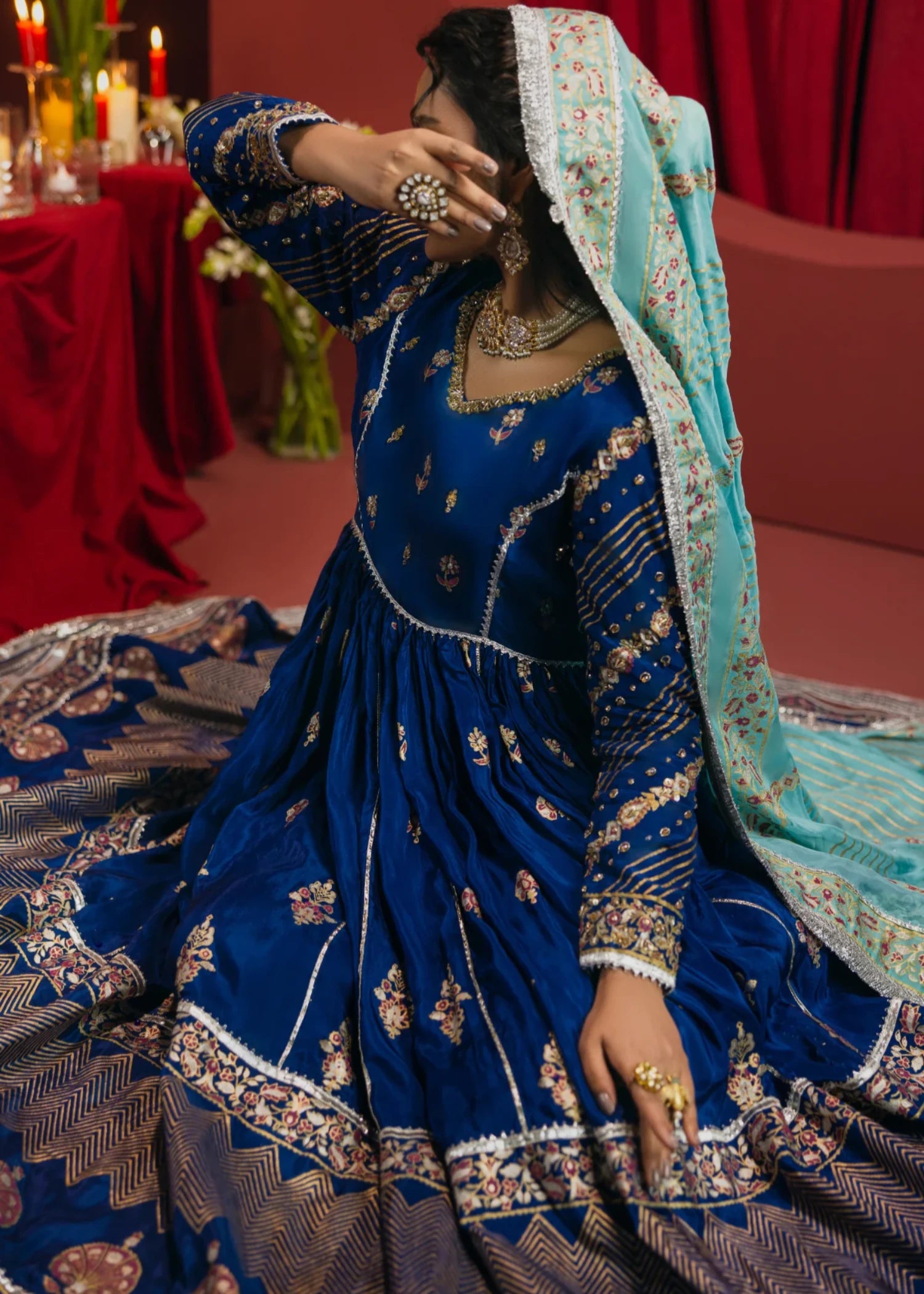 tussar silk Unstitched in Navy blue