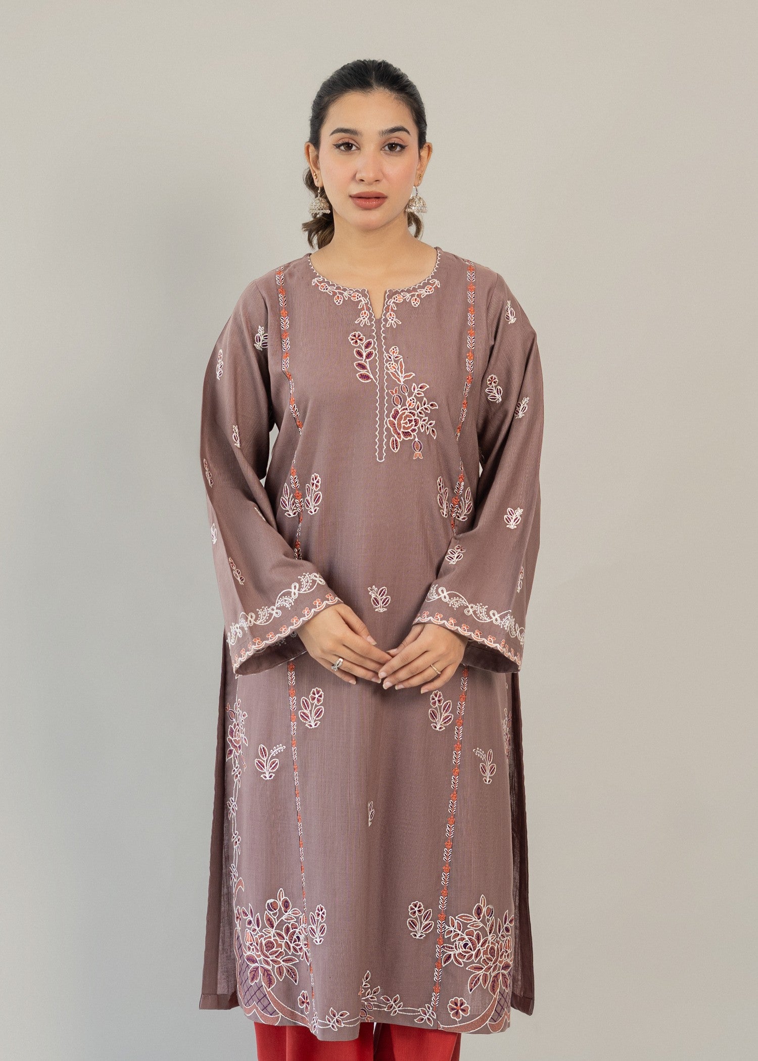 slub khaddar Kurta Set in Red, mauve