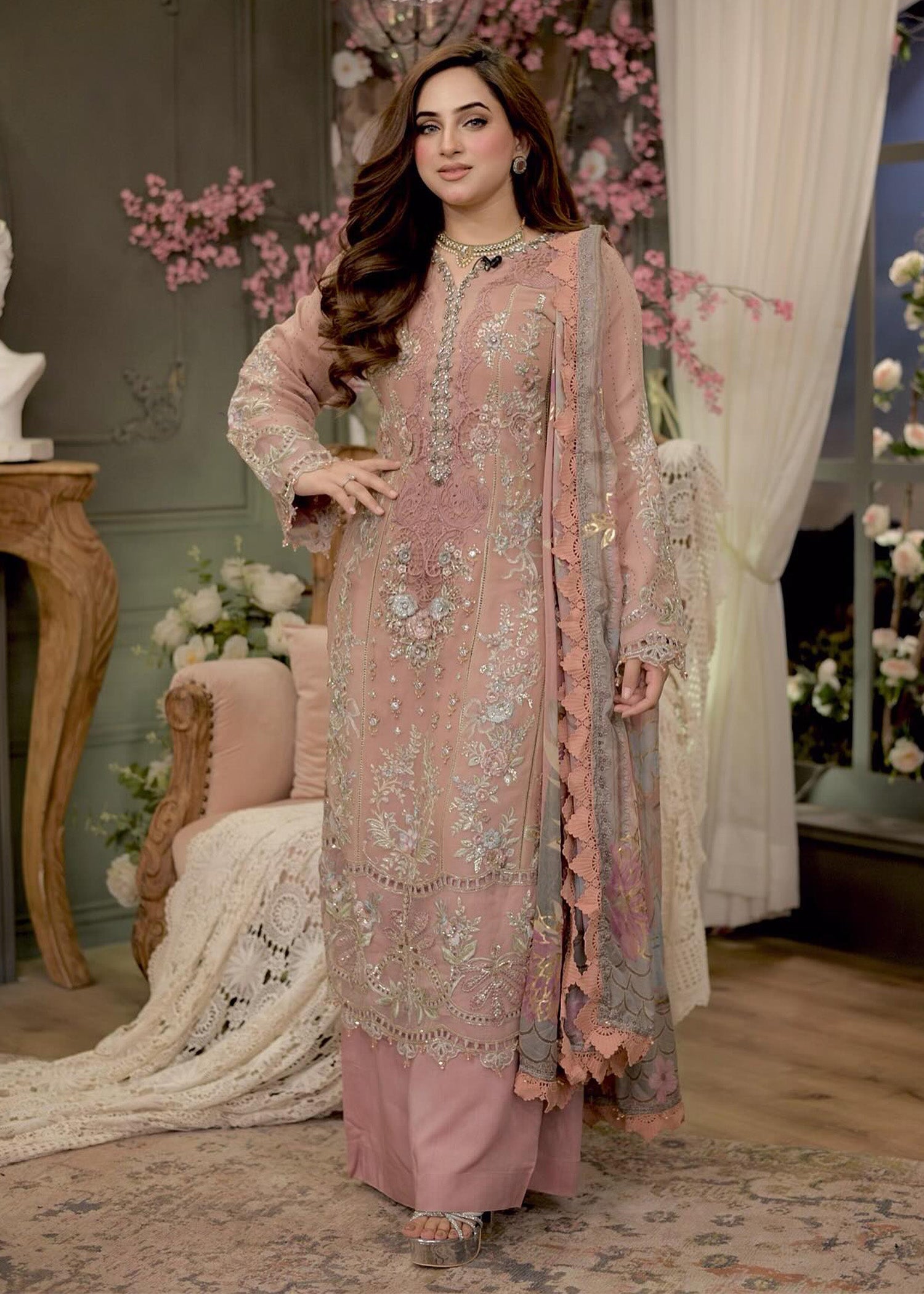 chiffon Kurta Set in Baby pink