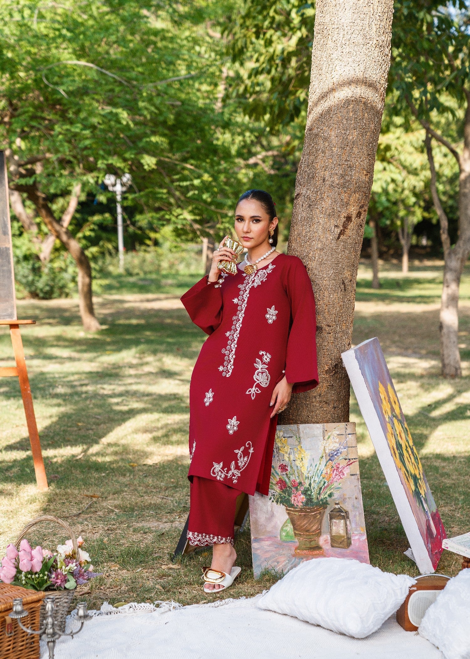 textured lawn Kurta Set in Carmine