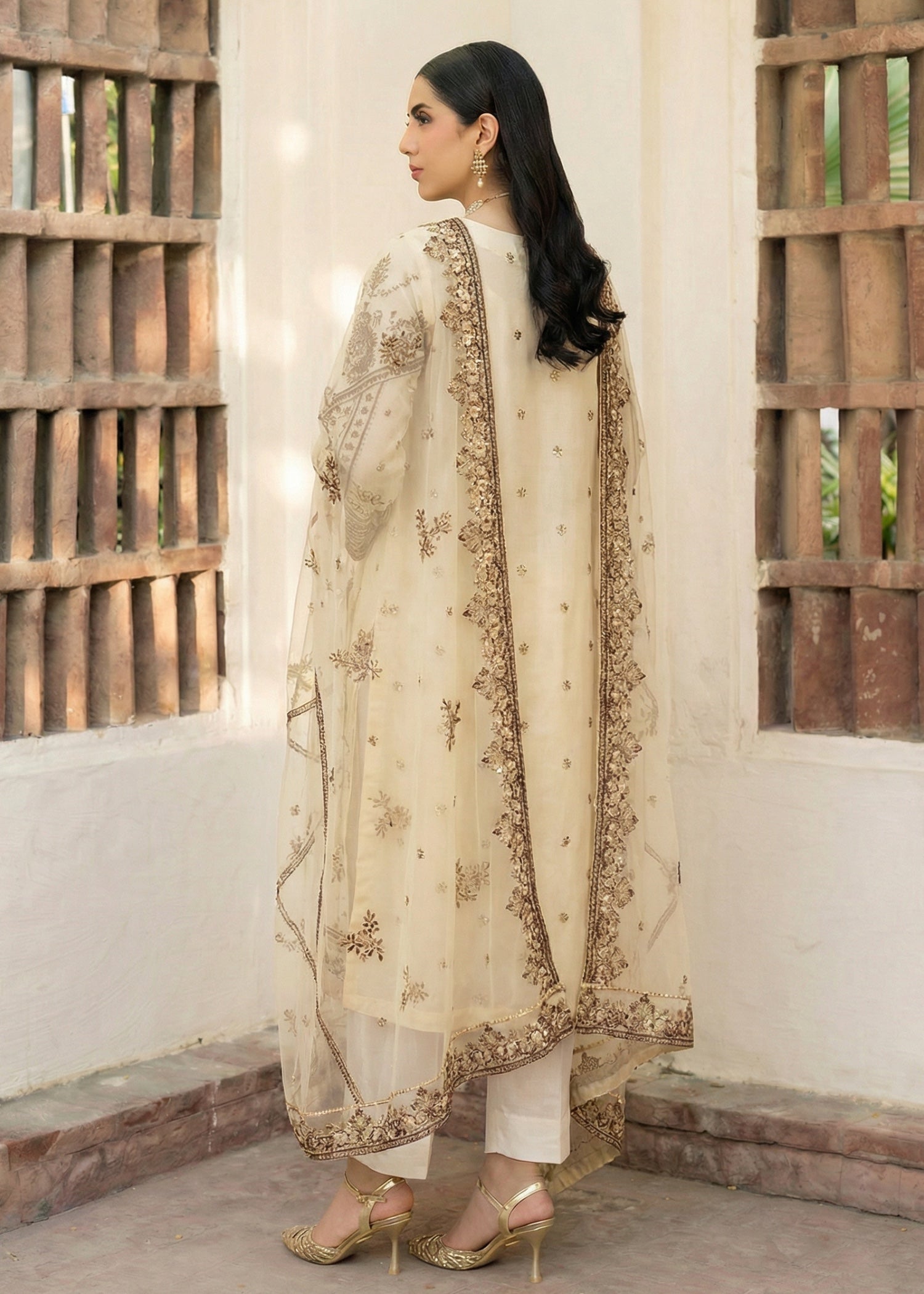 net Kurta Set in Cream