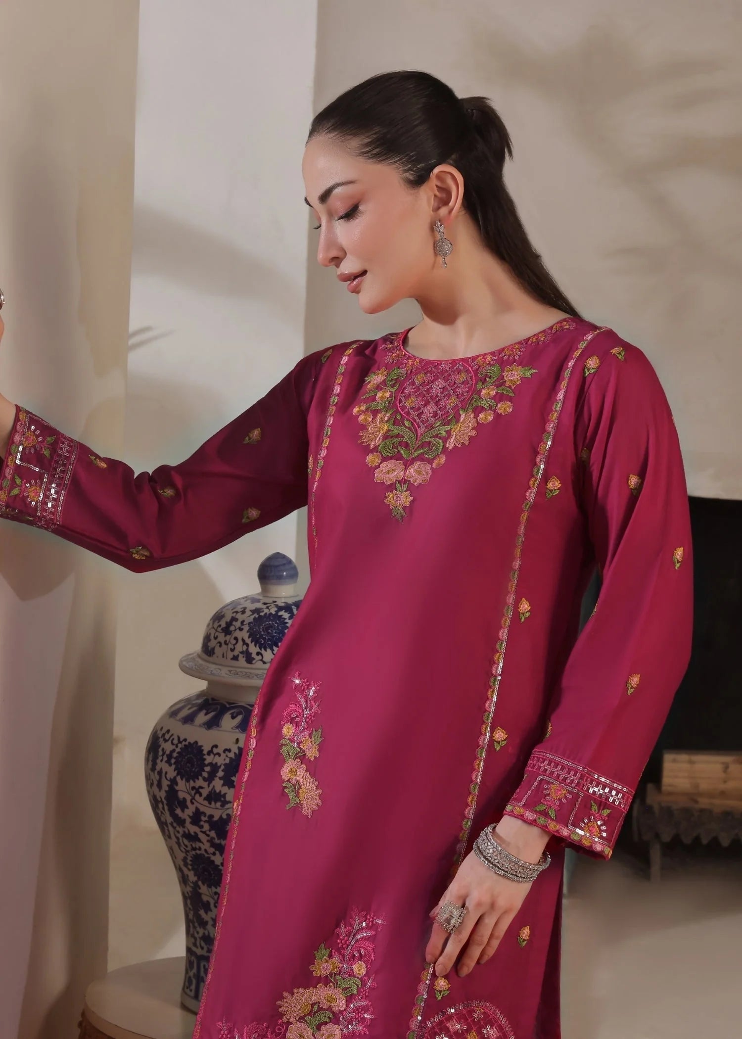 lawn cotton Kurta Set in Magenta