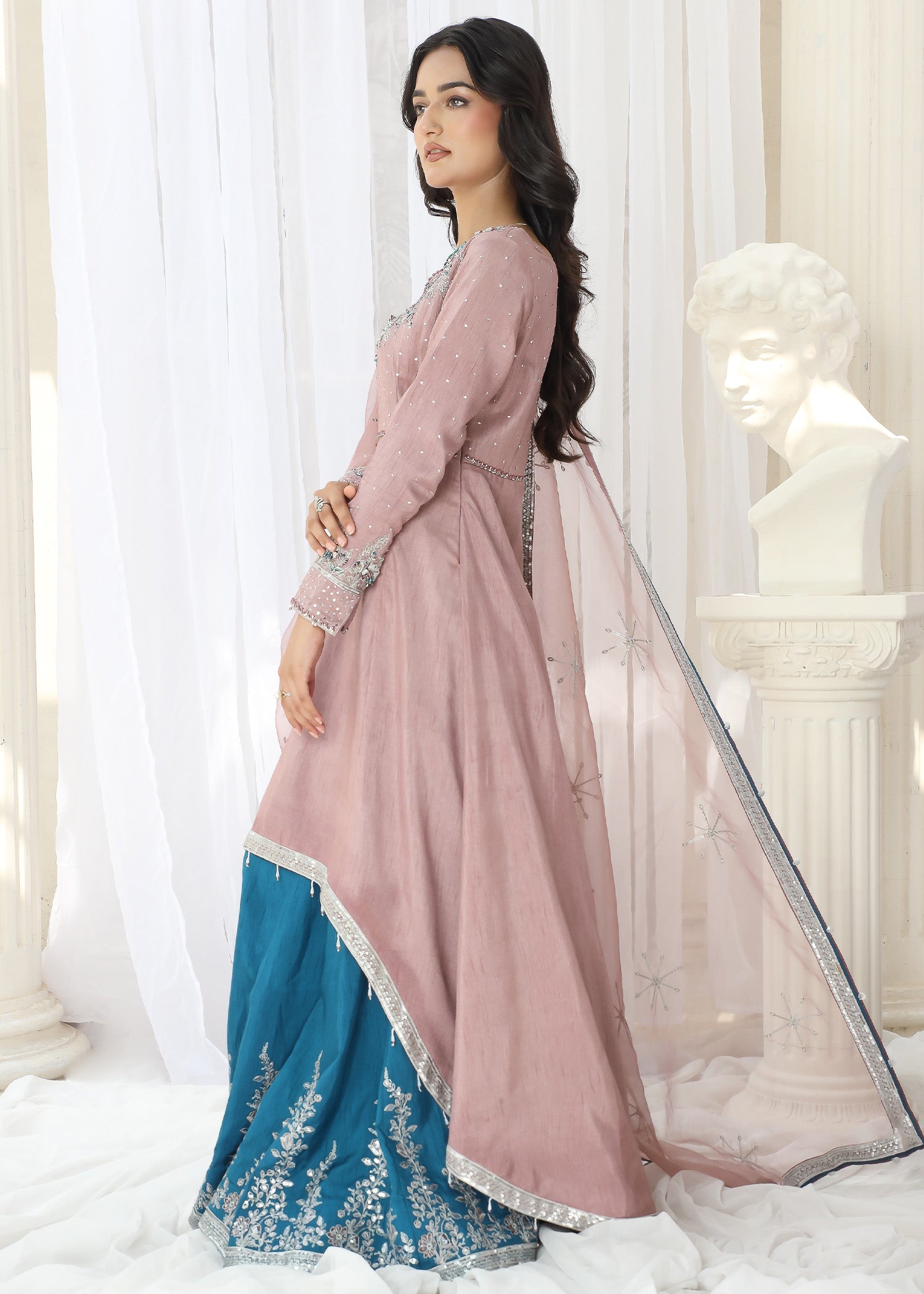 raw silk Pishwas in Mauve pink, blue