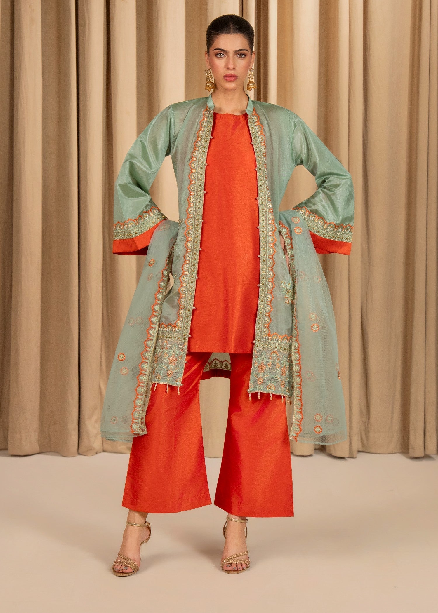 raw silk Gown in Mint green