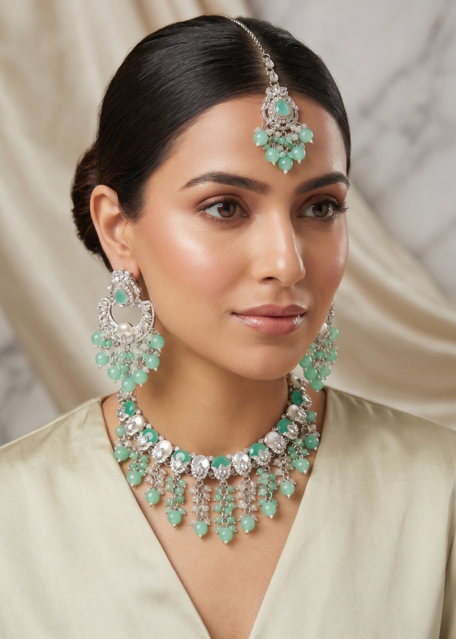 Jewelry Set in Mint green, silver Color by - Trendy Women Jewelry Set MEM0628