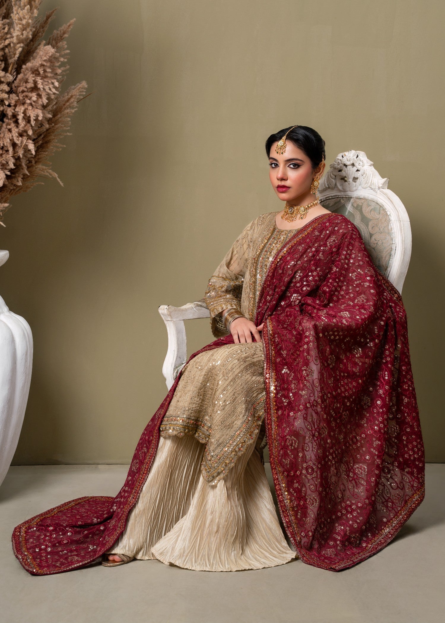 chiffon Kurta Set in Maroon, beige