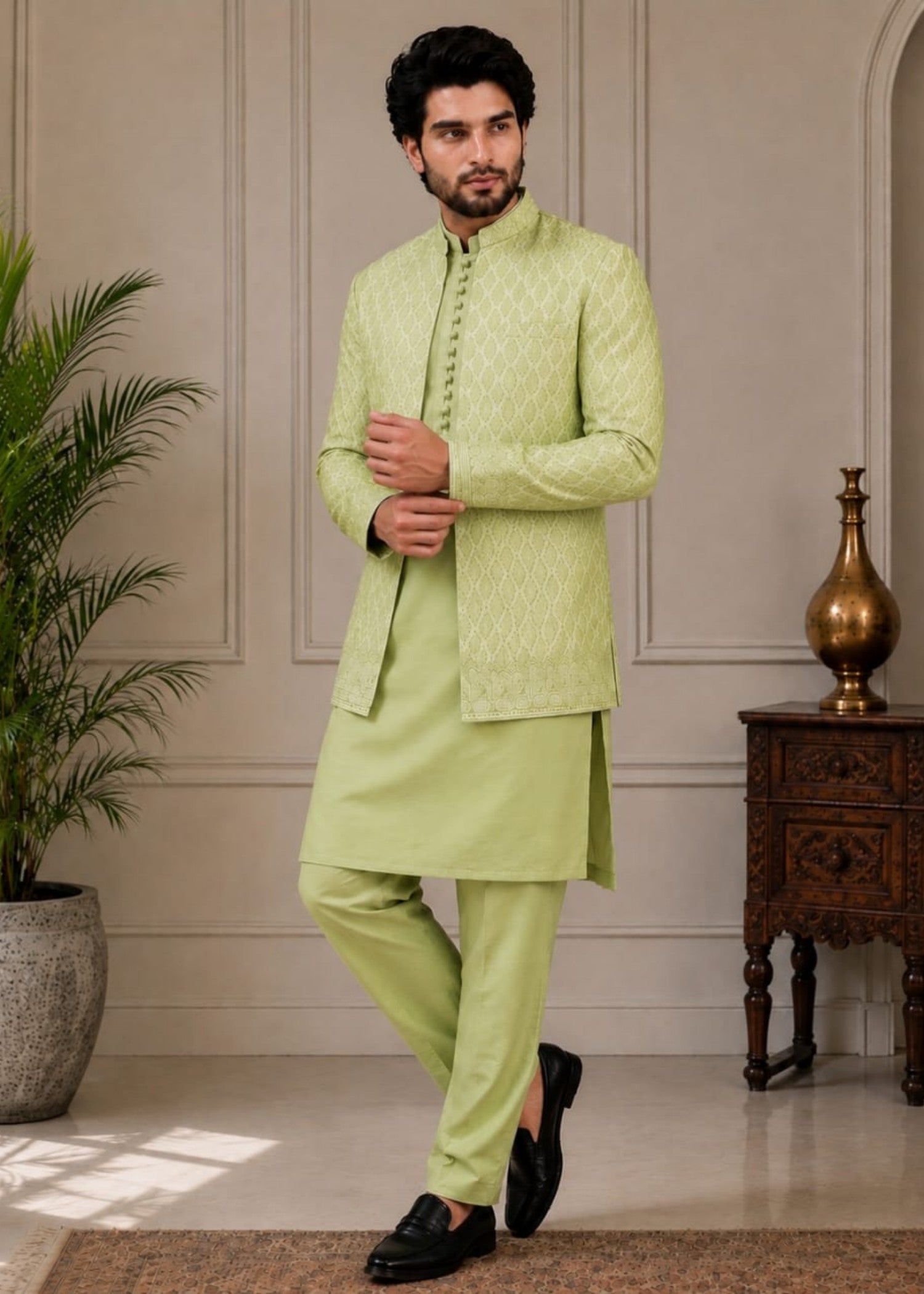 raw silk Prince Coat in Pistachio green
