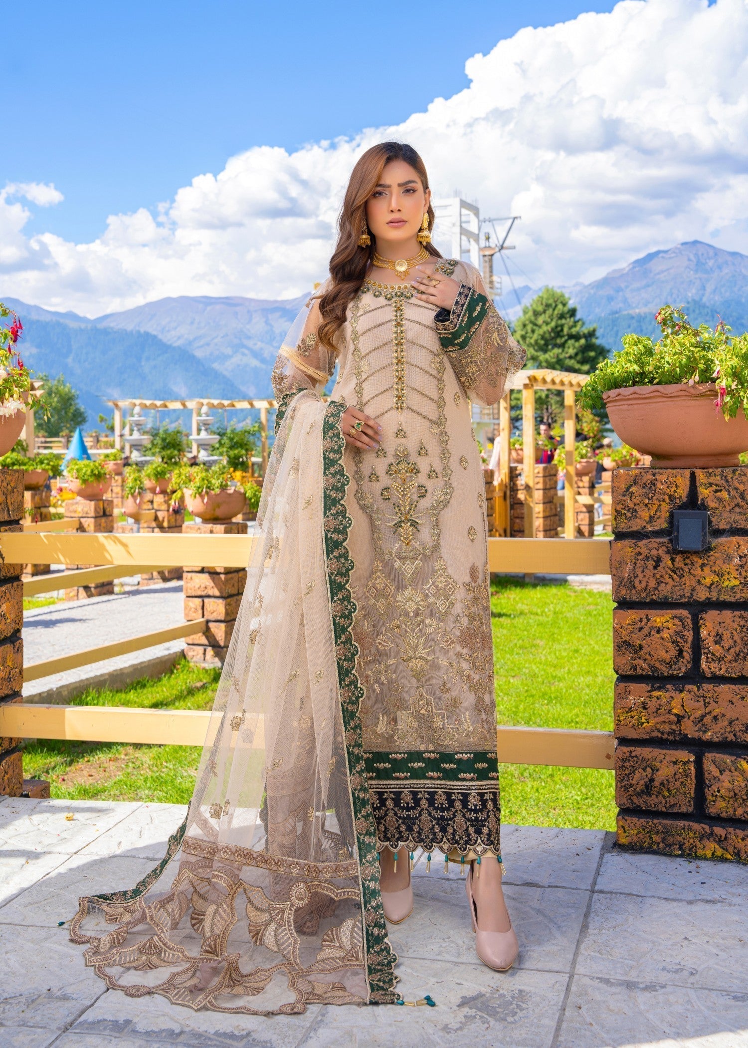 net Kurta Set in Tan brown