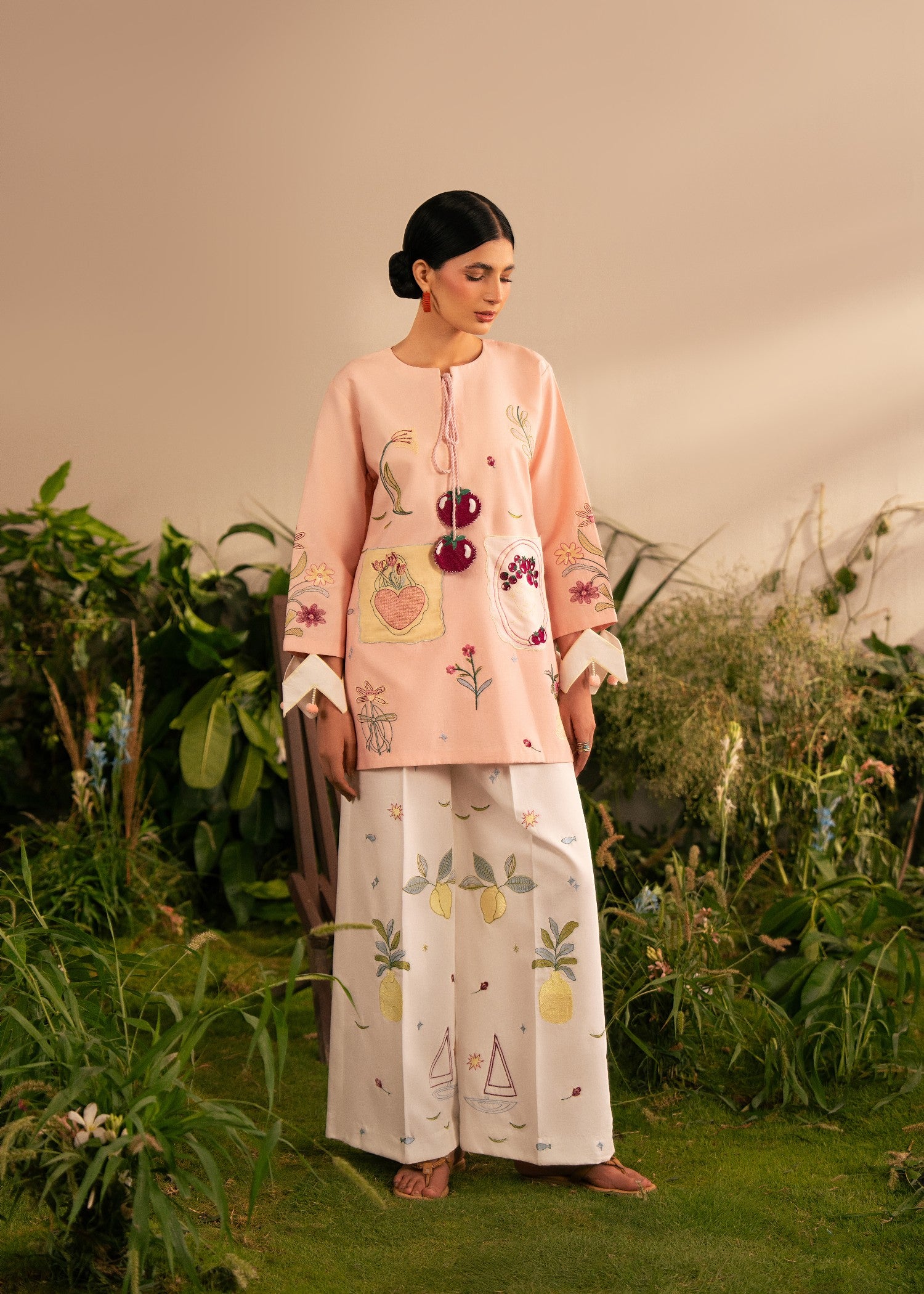 lawn cotton Kurta Set in Baby pink, white
