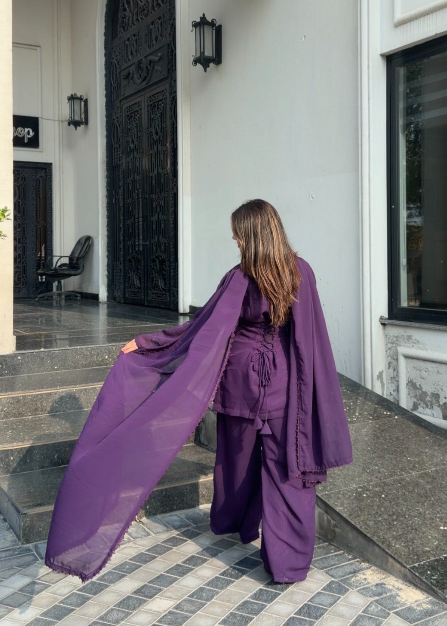 chiffon Kurta Set in Royal purple