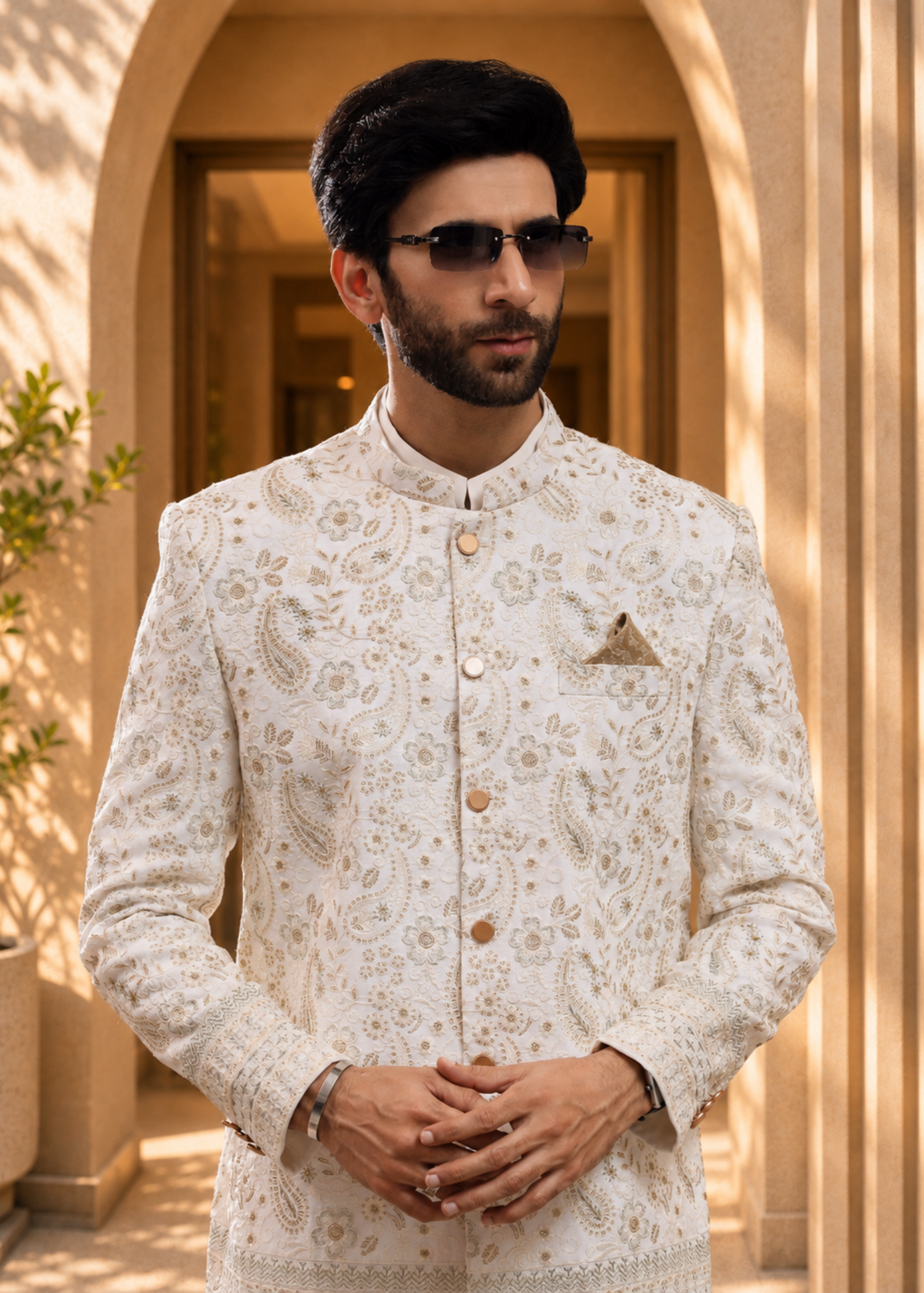 jamawar Prince Coat in Off-white