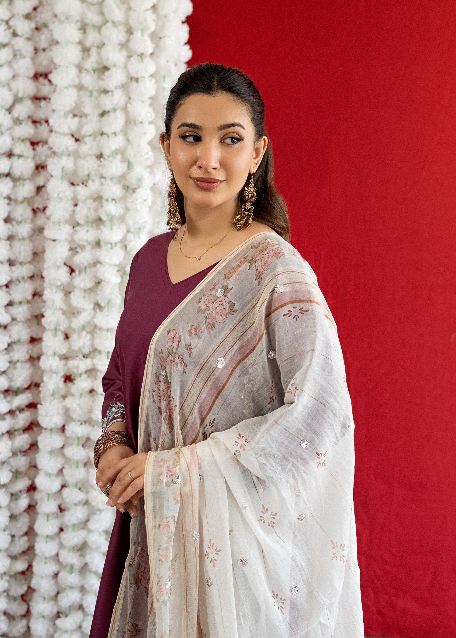 lawn Kurta Set in Purple, off-white