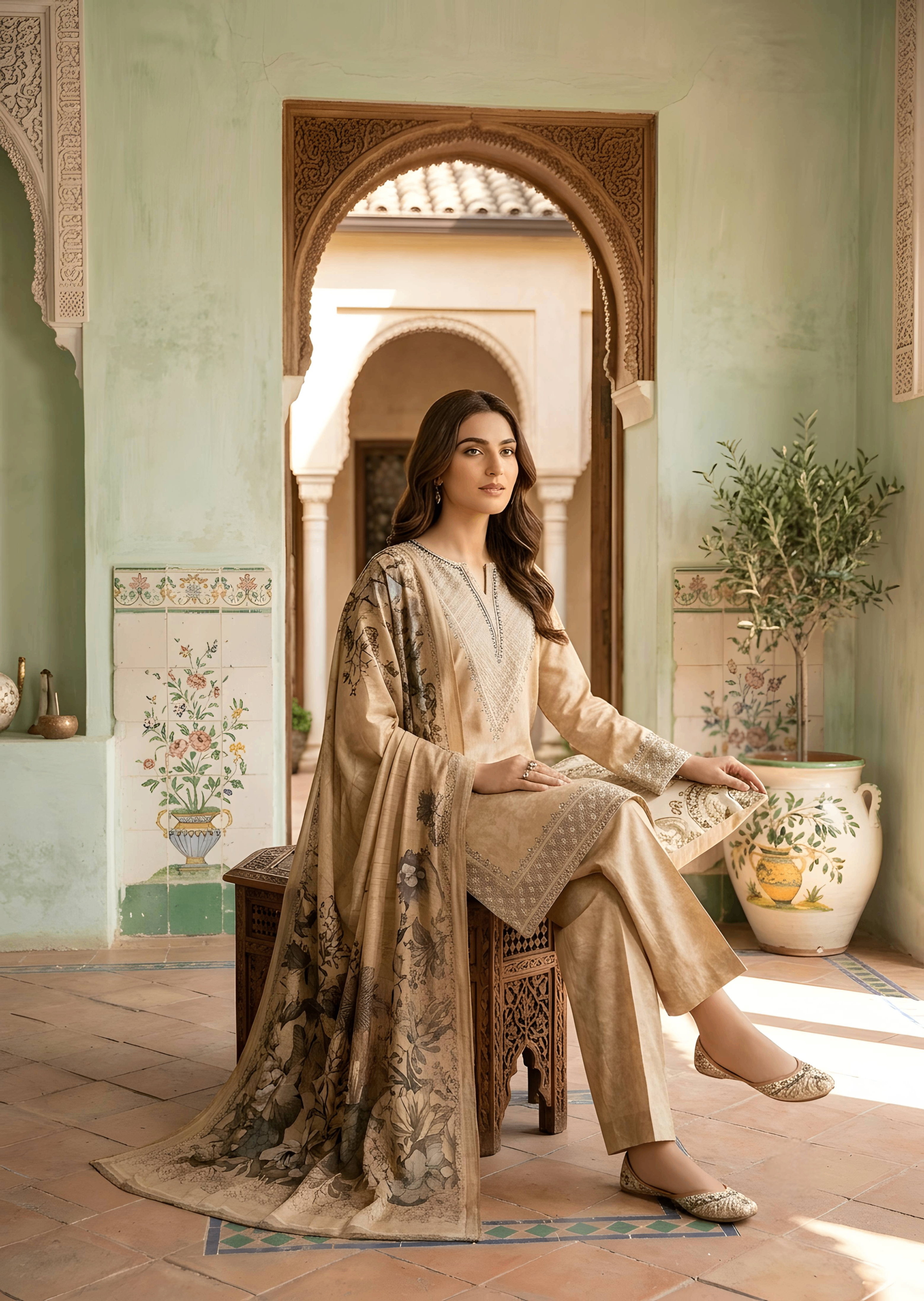 poly lawn Kurta Set in Camel brown