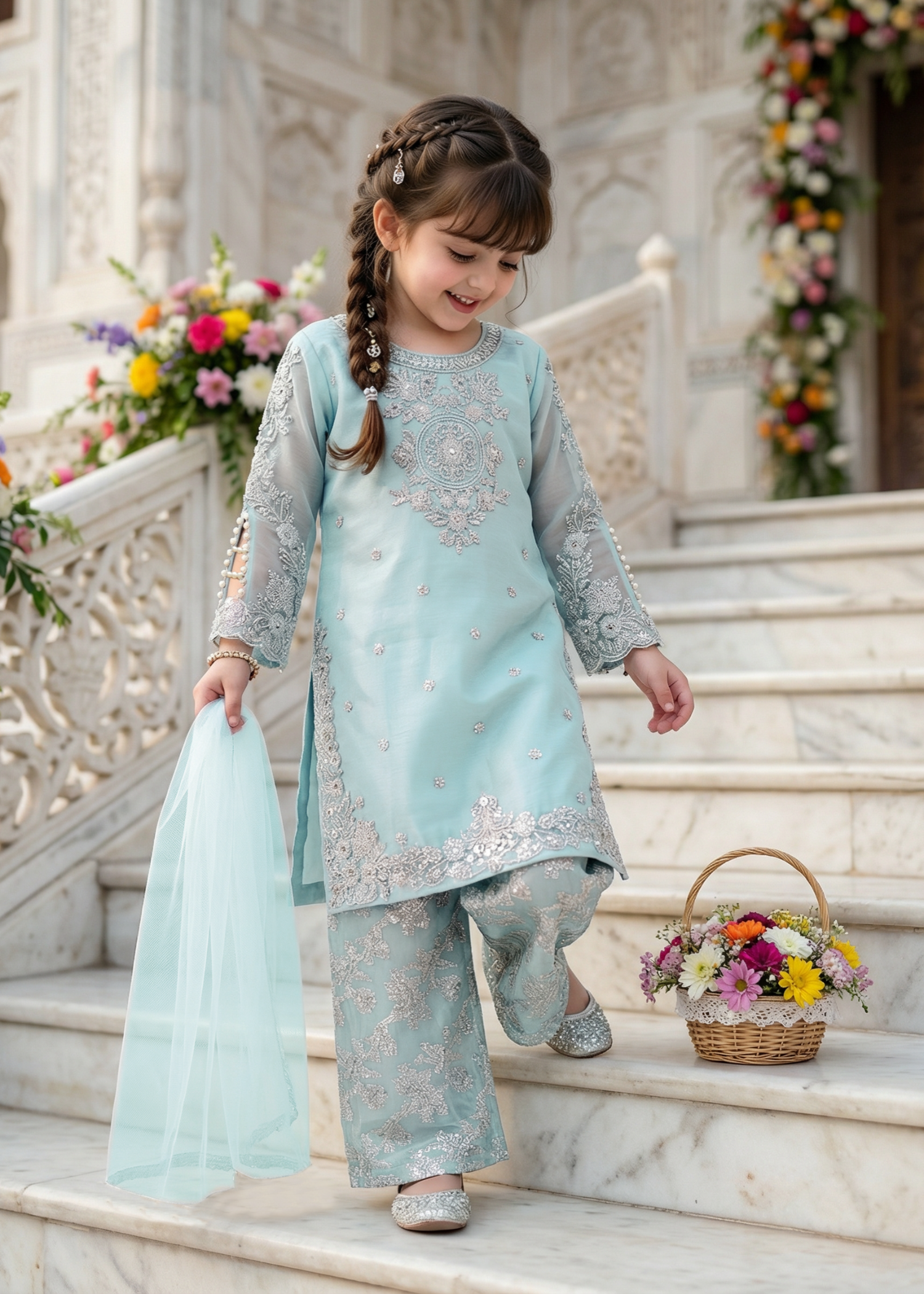 organza Kurta Set in Ice blue