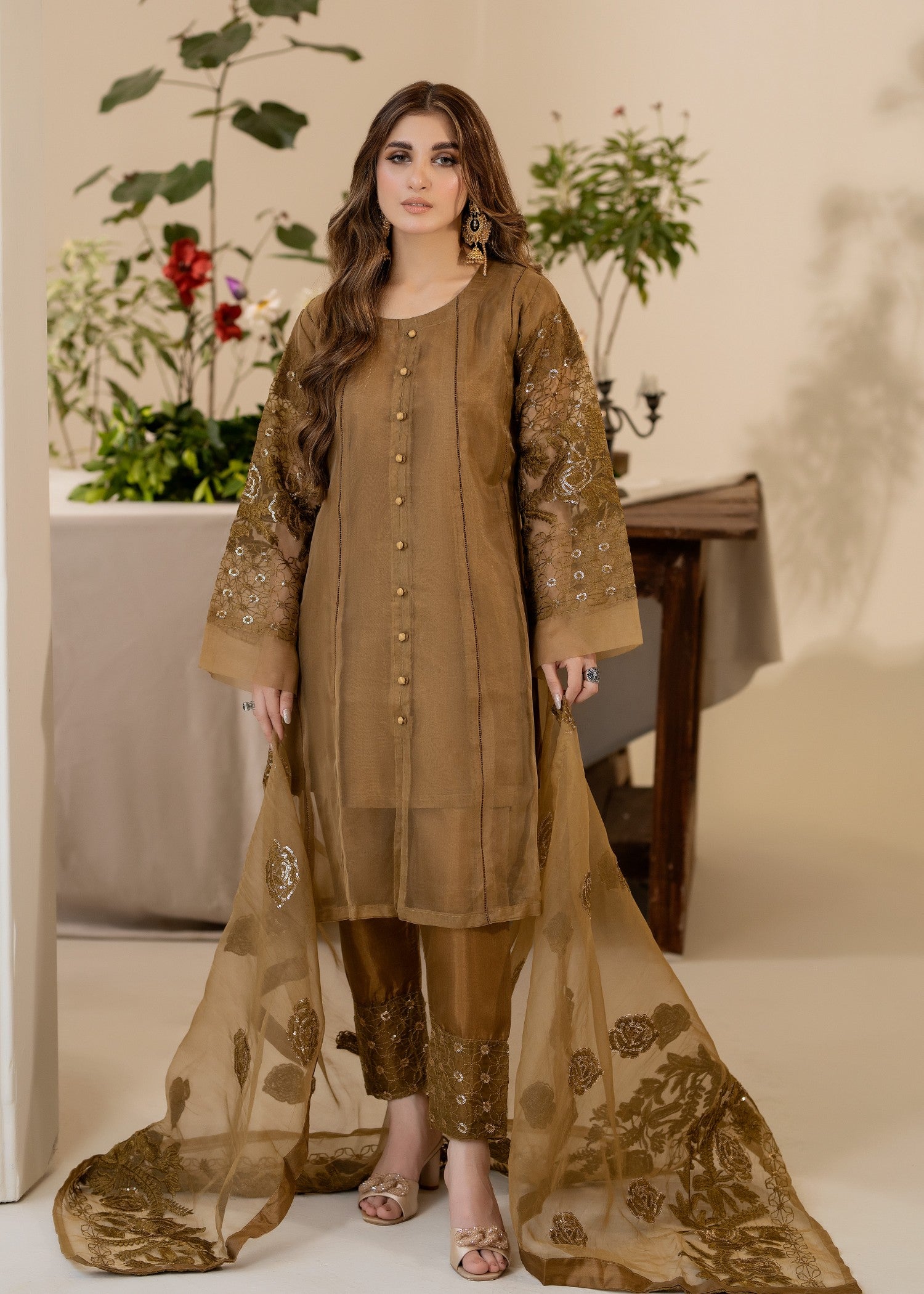 organza Short Frock in Coffee brown
