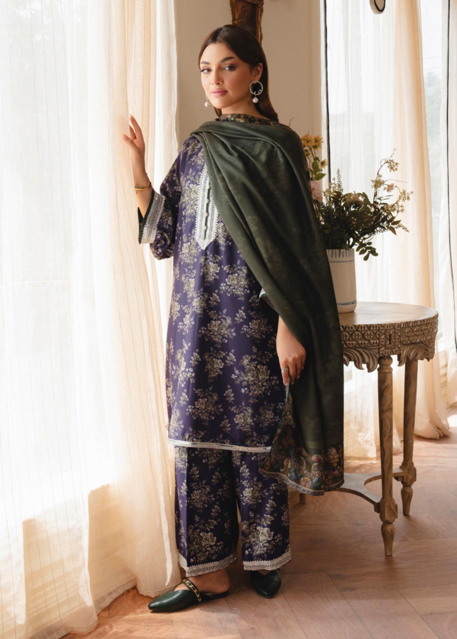 twill khaddar Kurta Set in Avocado green, deep purple