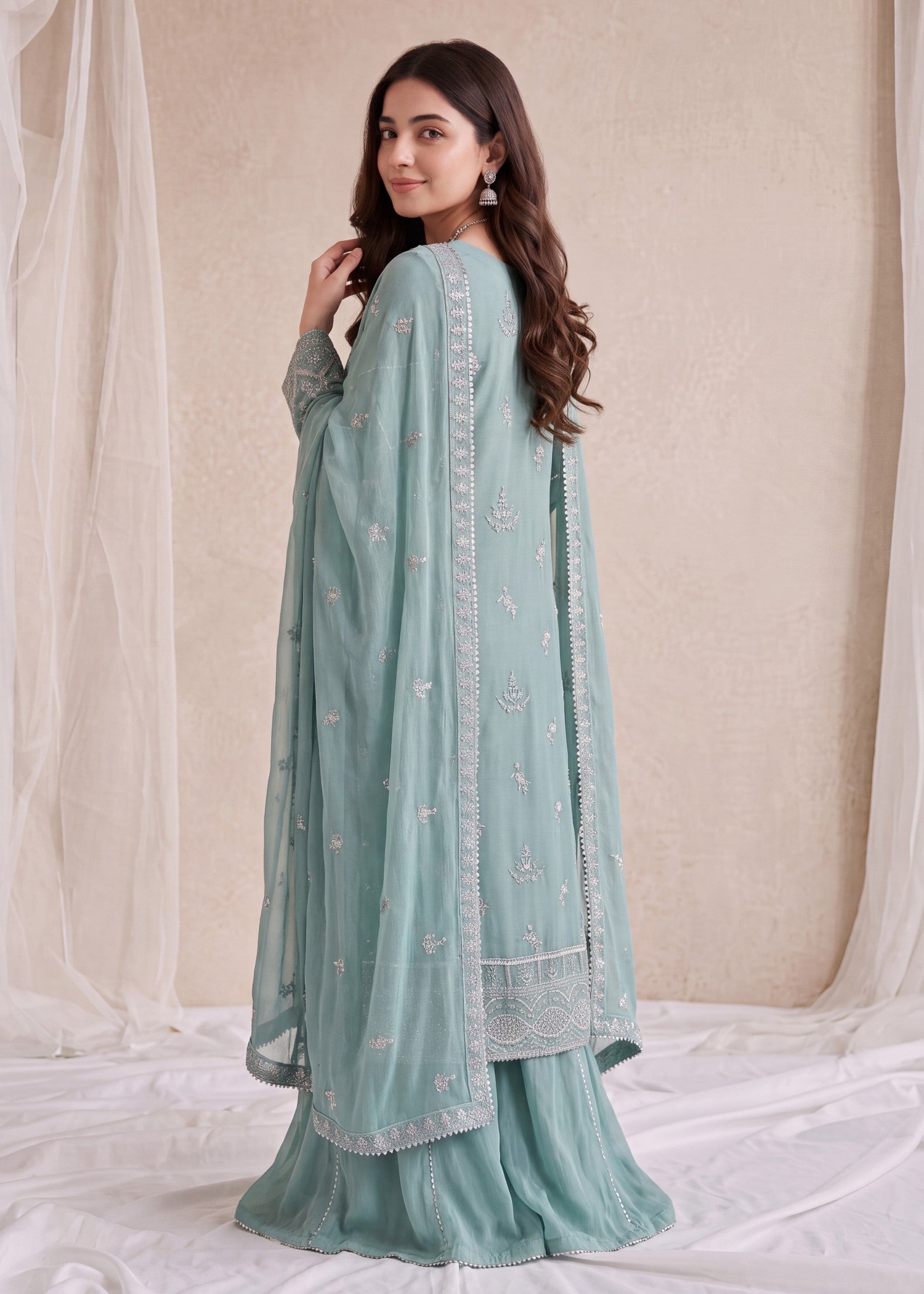 pk crinkle chiffon Kurta Set in Aquamarine