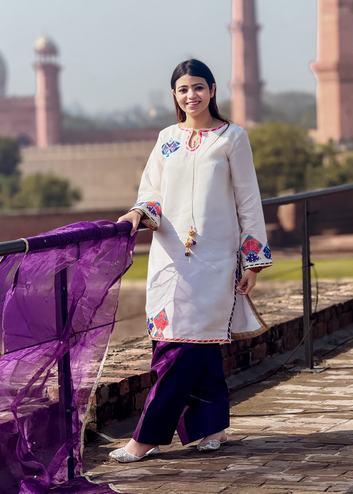 polyester-silk blend Kurta Set in Purple, eggshell