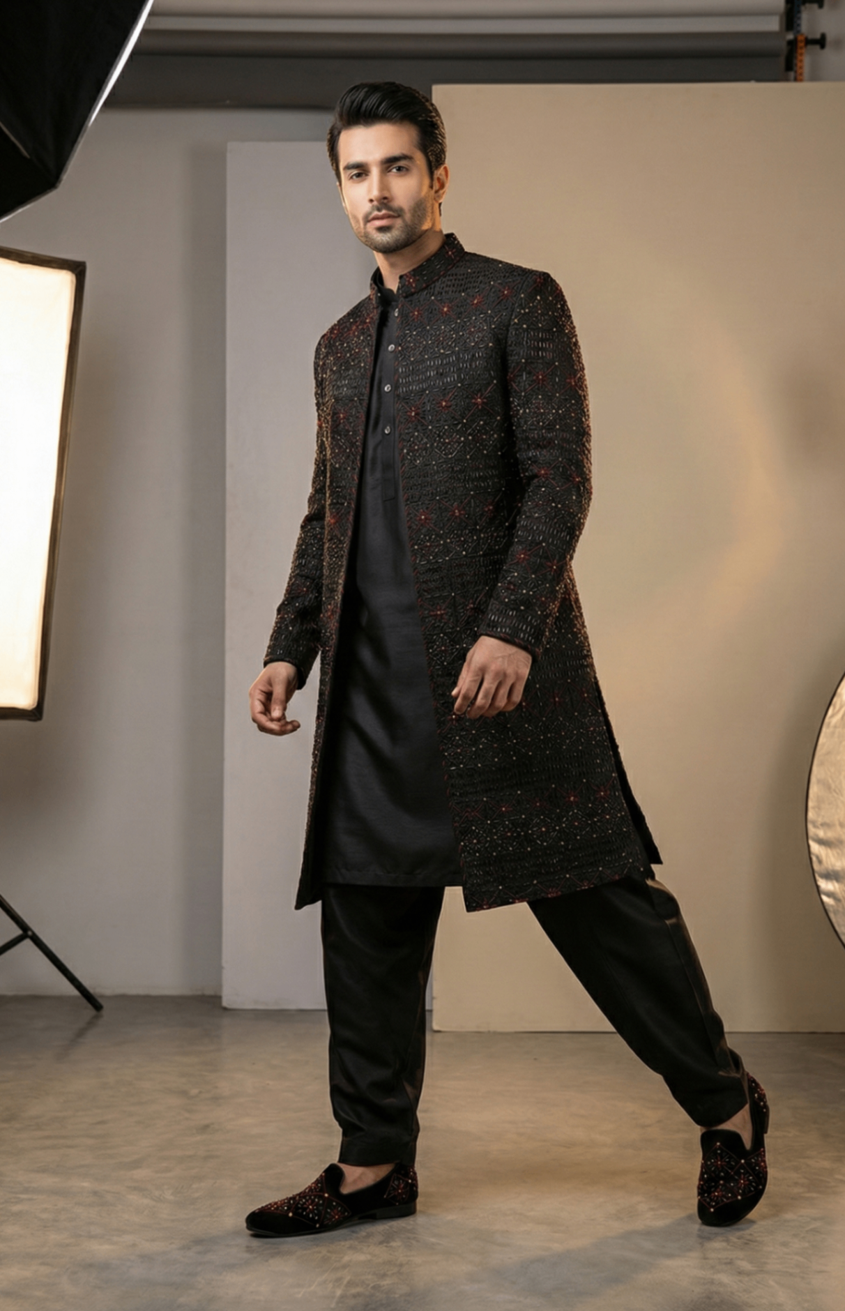 silk Sherwani in Black, gold, maroon