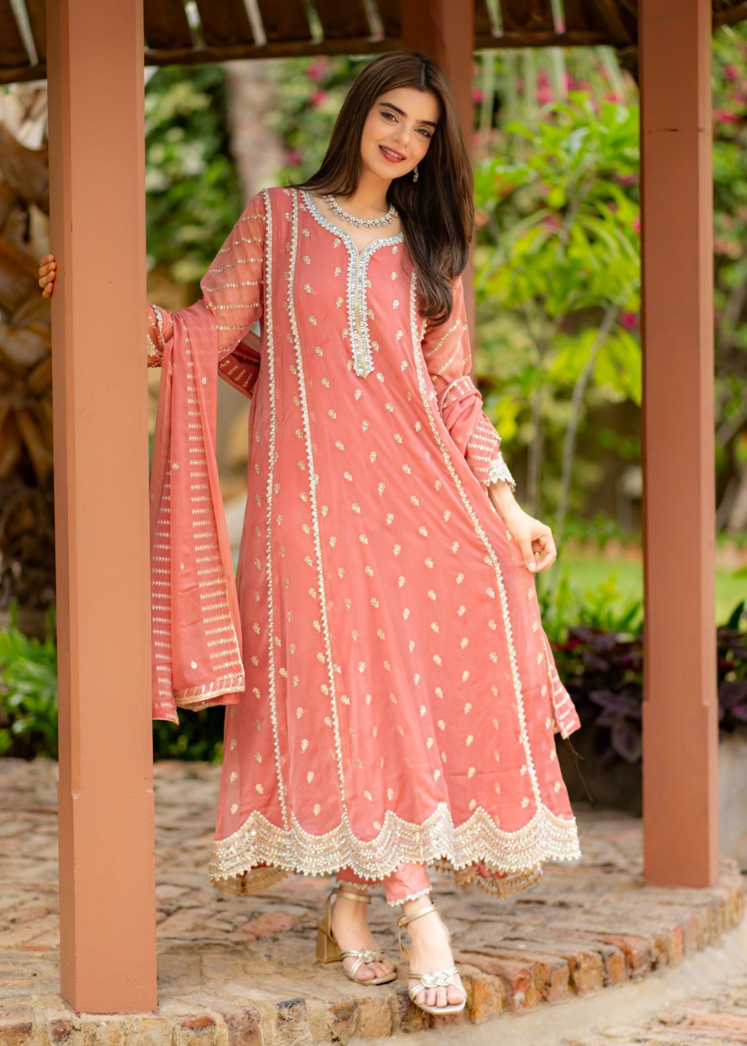 chiffon Pishwas in Peach pink