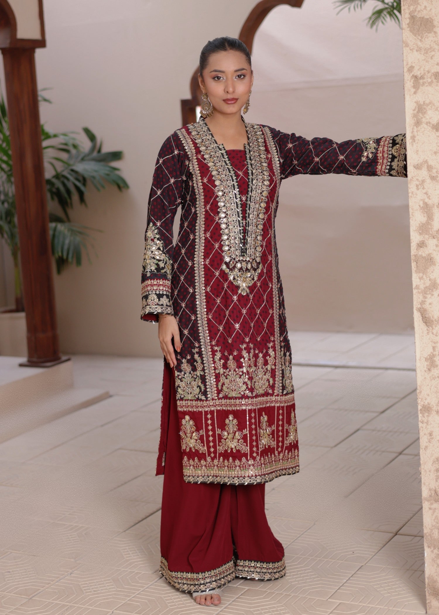 bemberg crinkle chiffon Kurta Set in Maroon