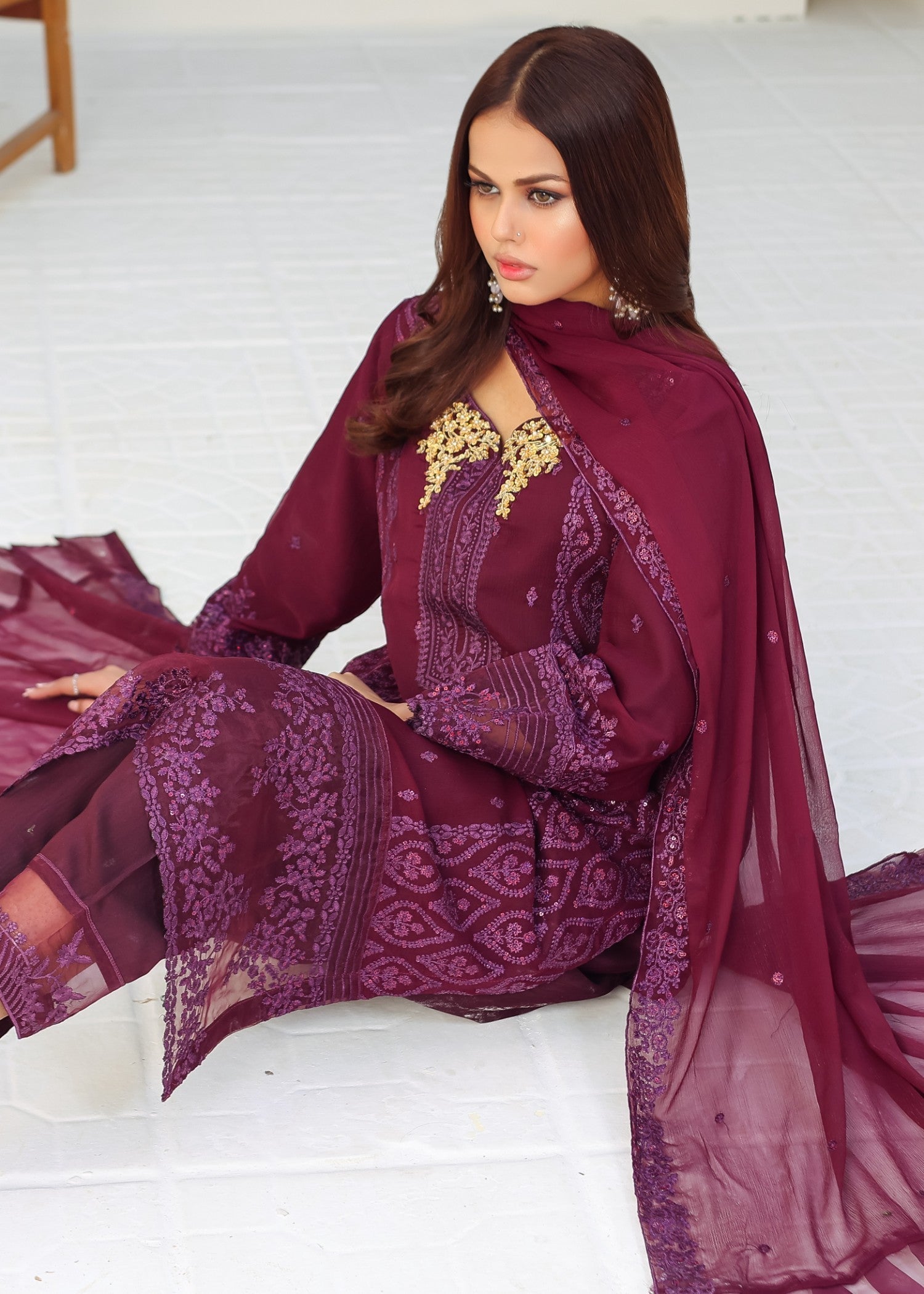 bemberg crinkle chiffon Kurta Set in Burgundy