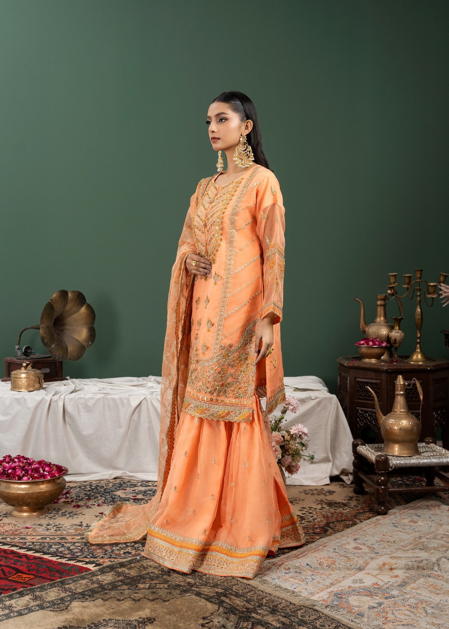 organza Gharara in Peach pink