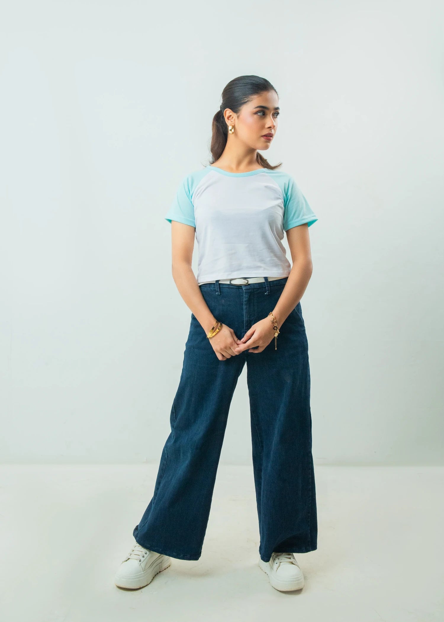 cotton jersey Top in Ice blue, white