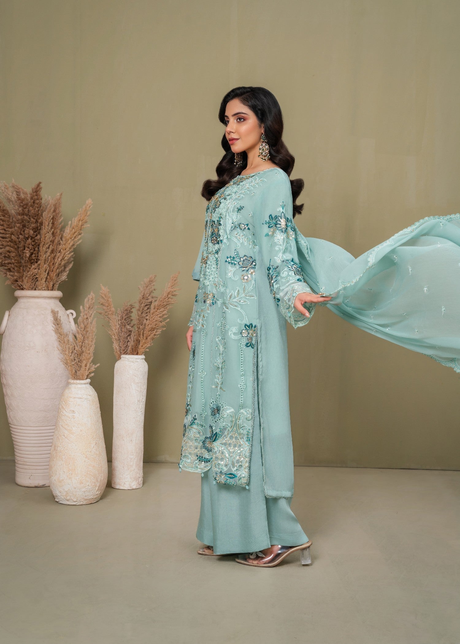 crinkle chiffon Kurta Set in Aquamarine