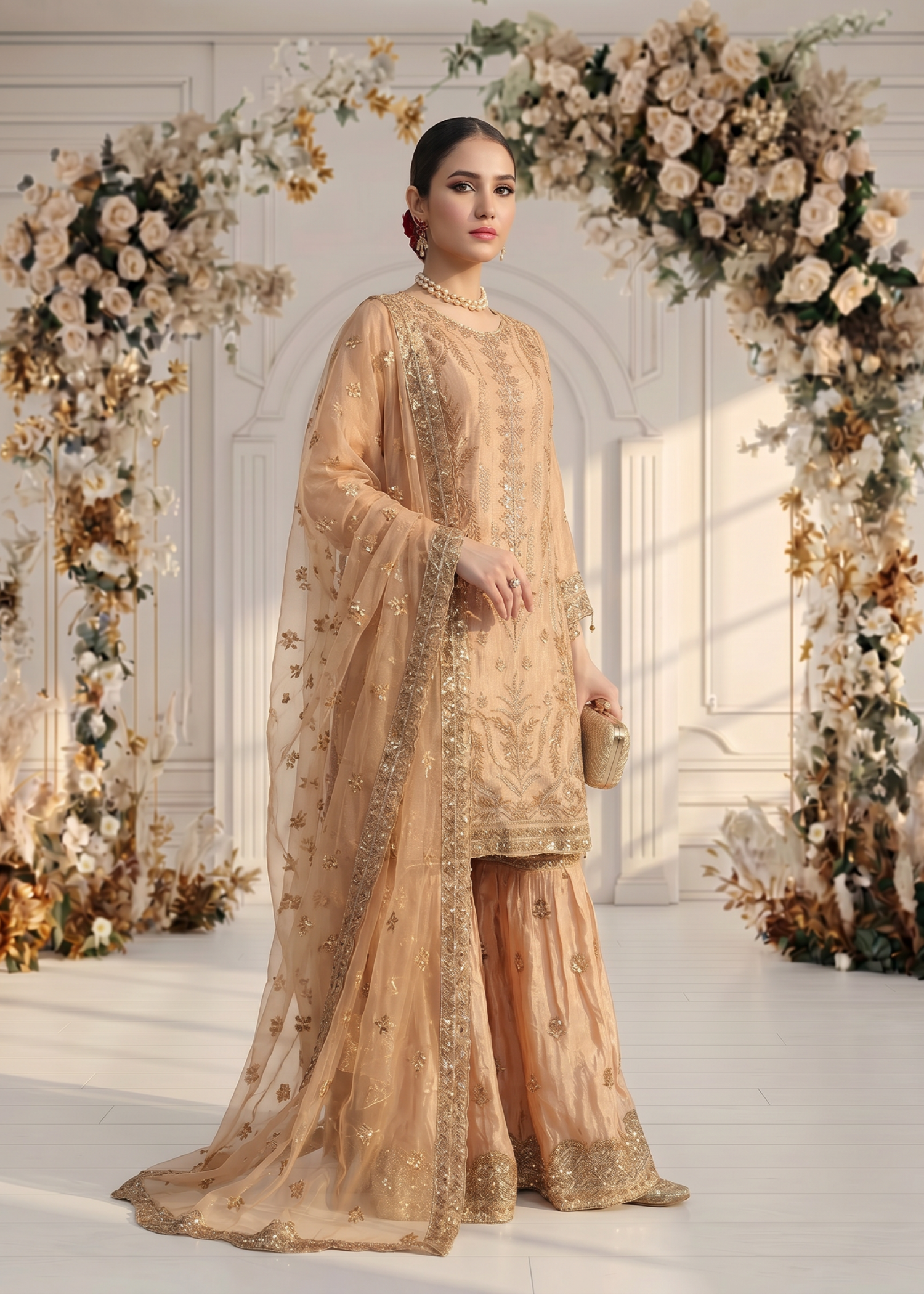 pk raw silk Gharara in Peach orange